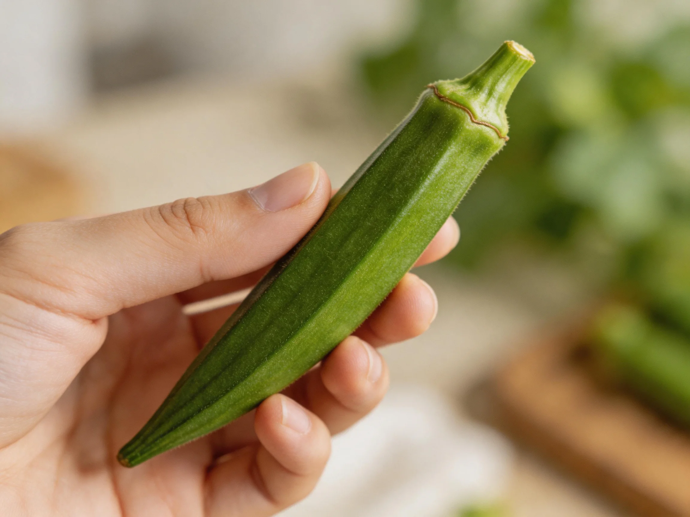 A hand holding a fresh green okra pod with blurred kitchen background