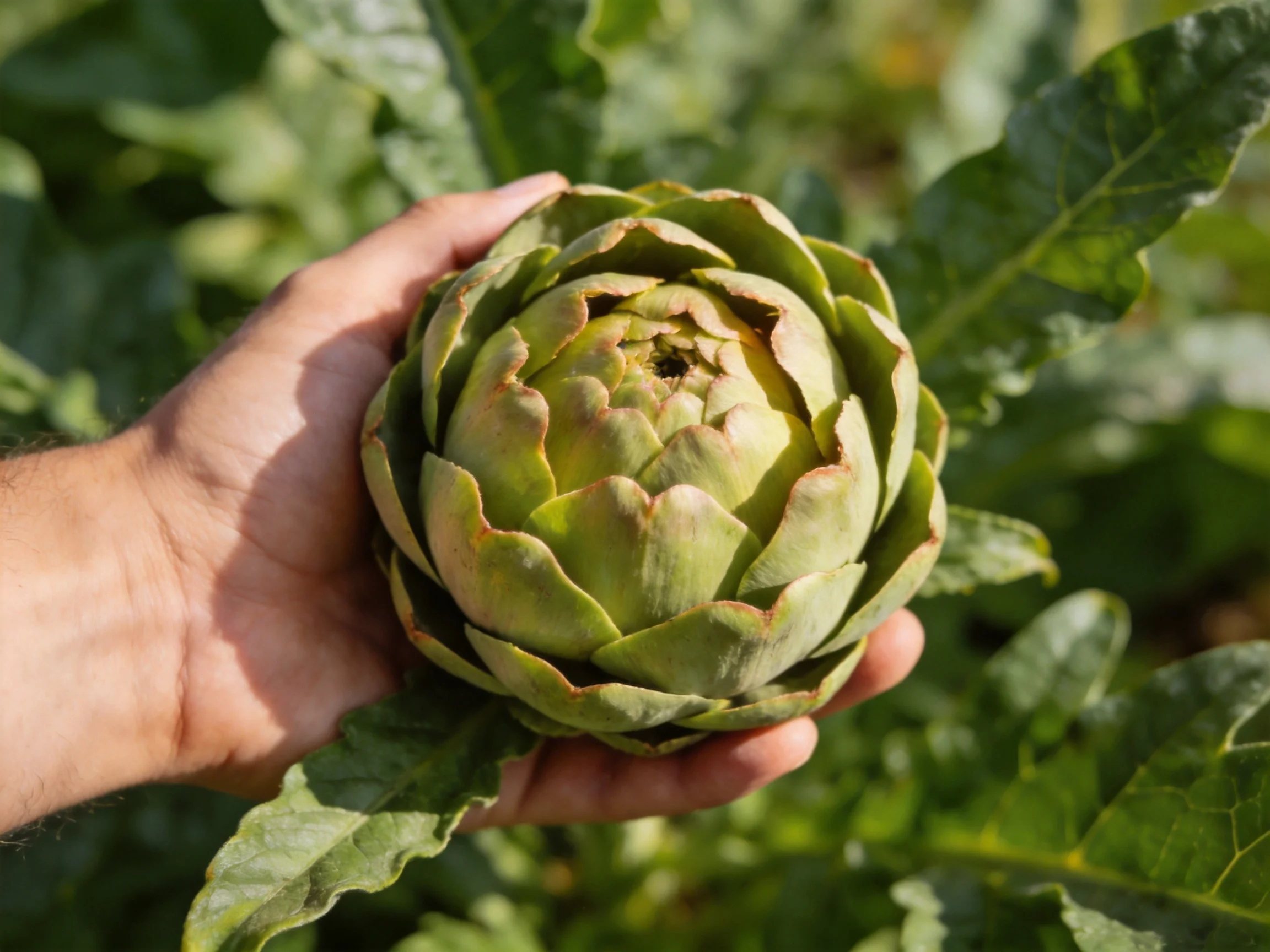 A hand holding a vibrant green artichoke amid broad leafy vegetation