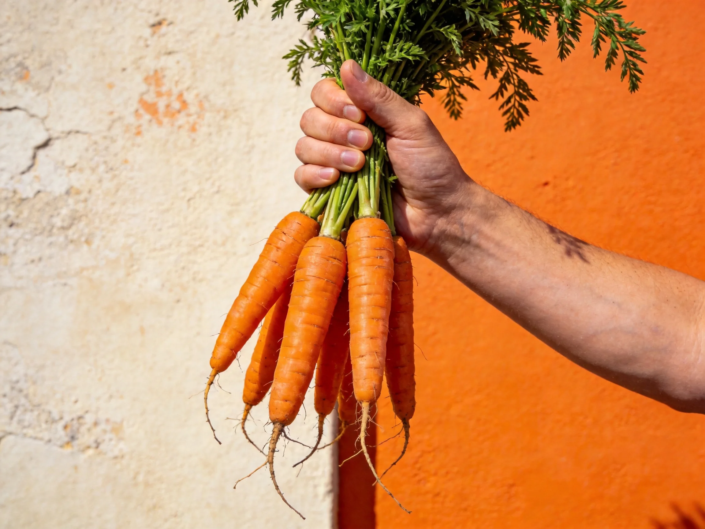 A hand holds a bunch of fresh orange carrots beside two textured walls