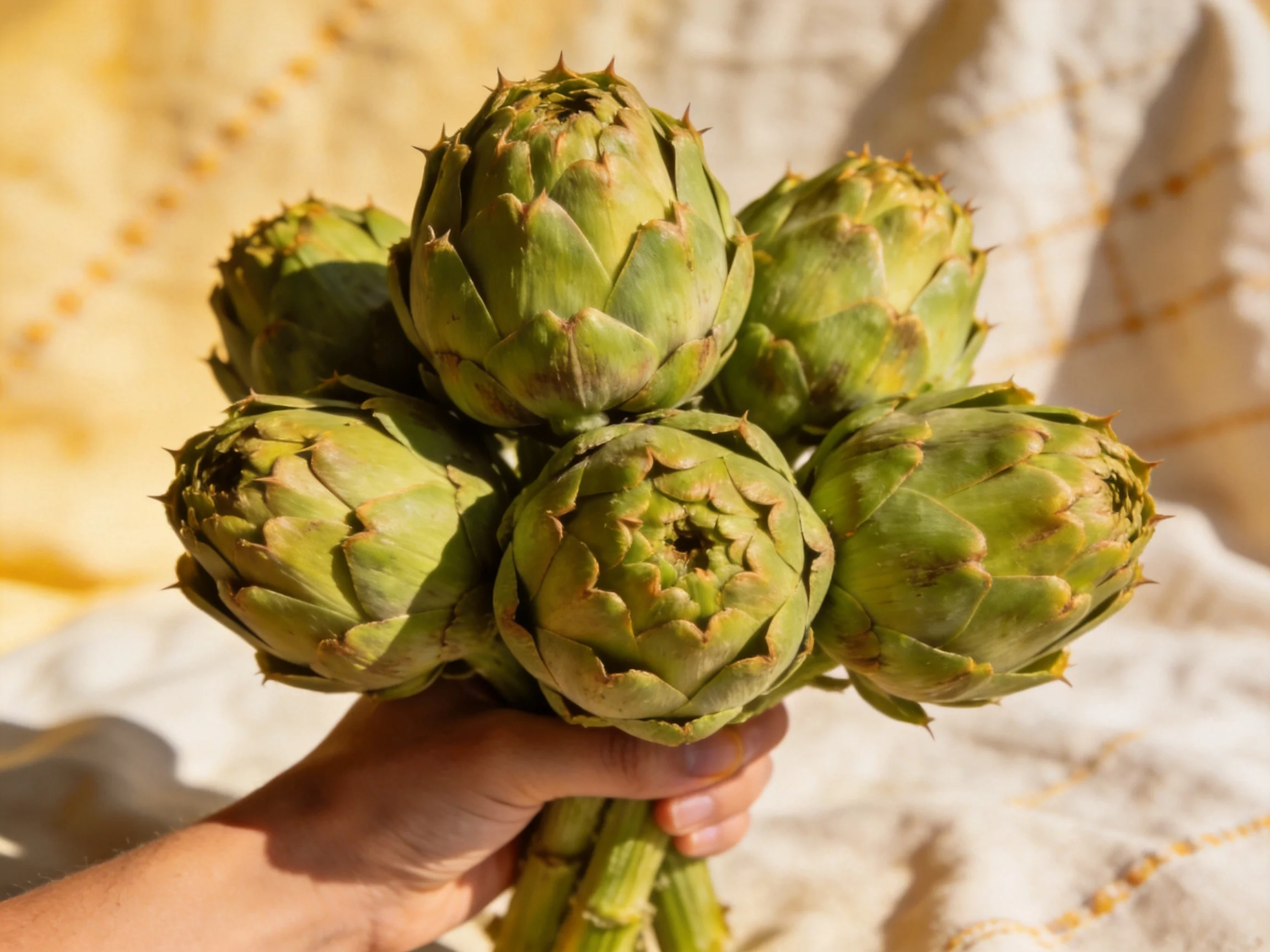 A hand holds a cluster of fresh green artichokes against a patterned fabric backdrop