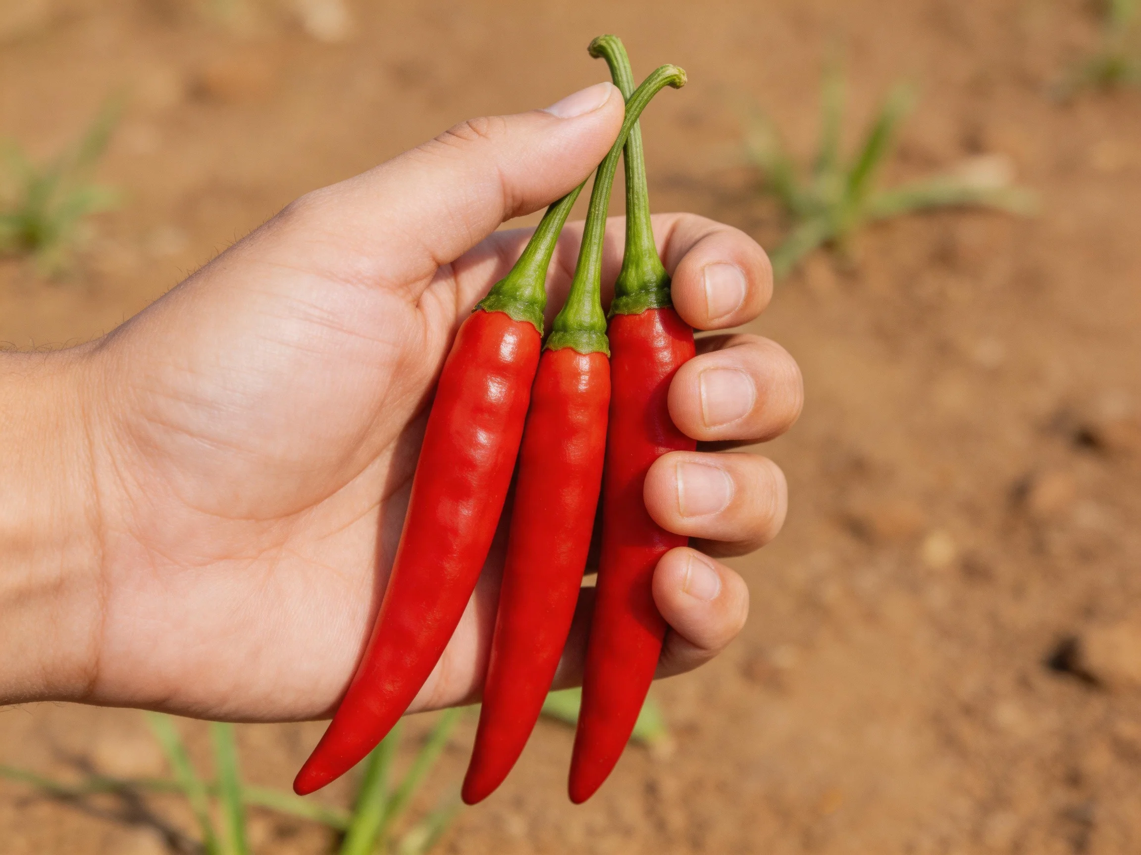 A hand holds three vibrant red chili peppers in an outdoor setting.