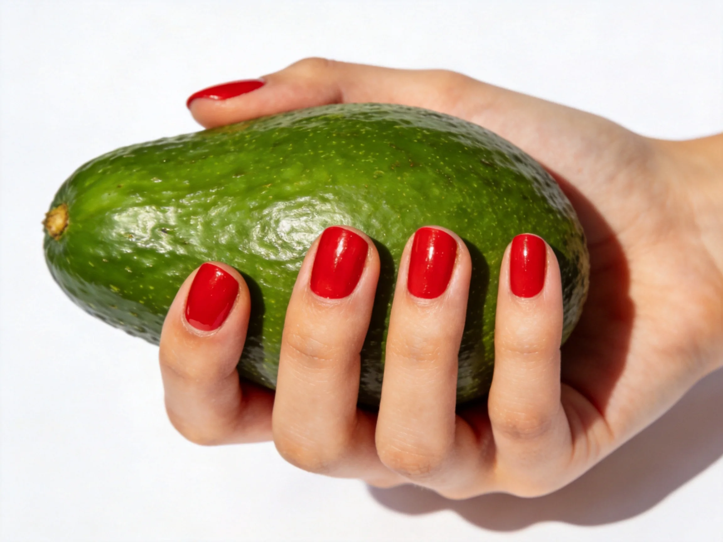A hand with vibrant red nails holding a large green avocado