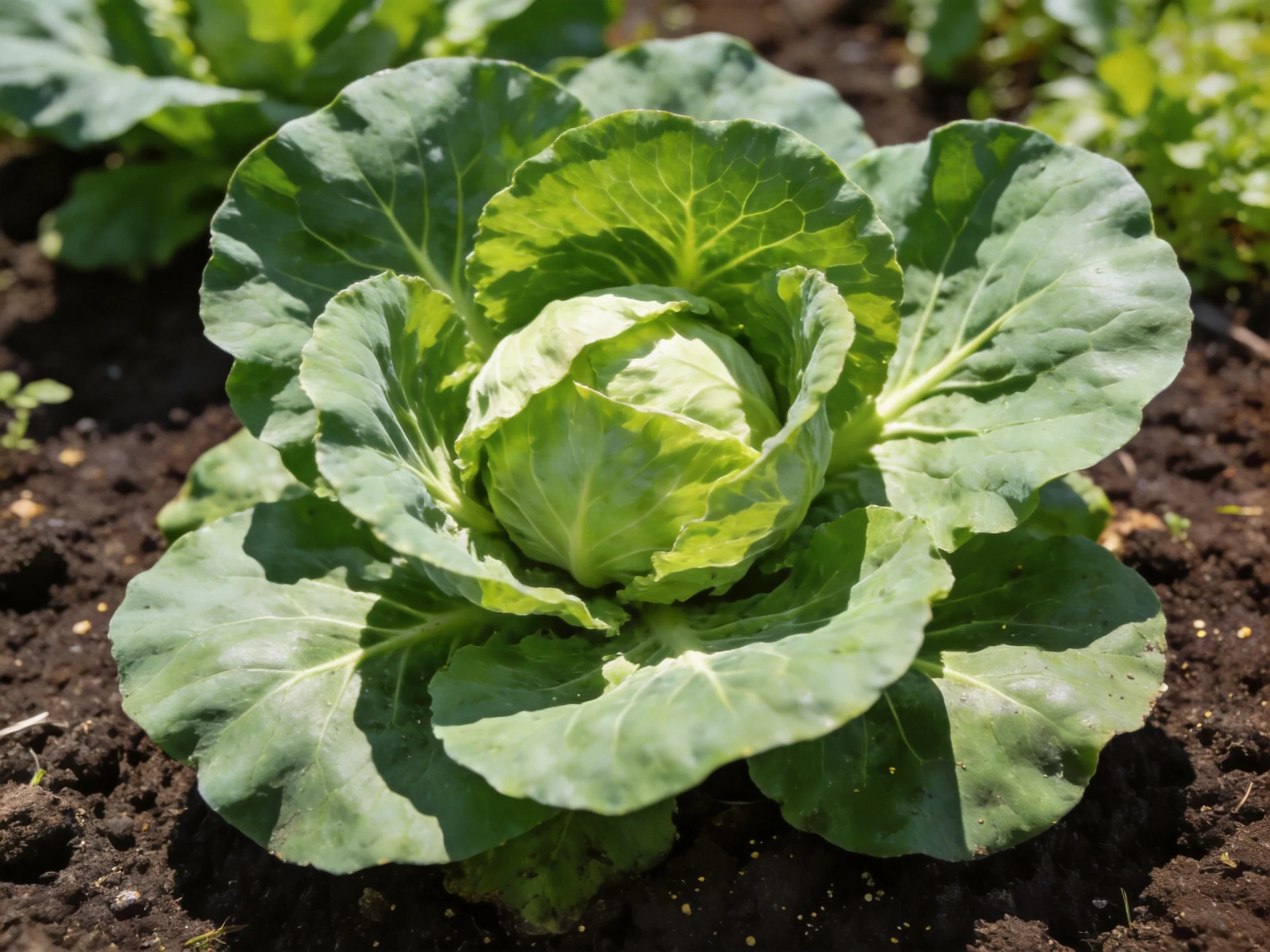 A healthy green cabbage plant growing in dark fertile soil