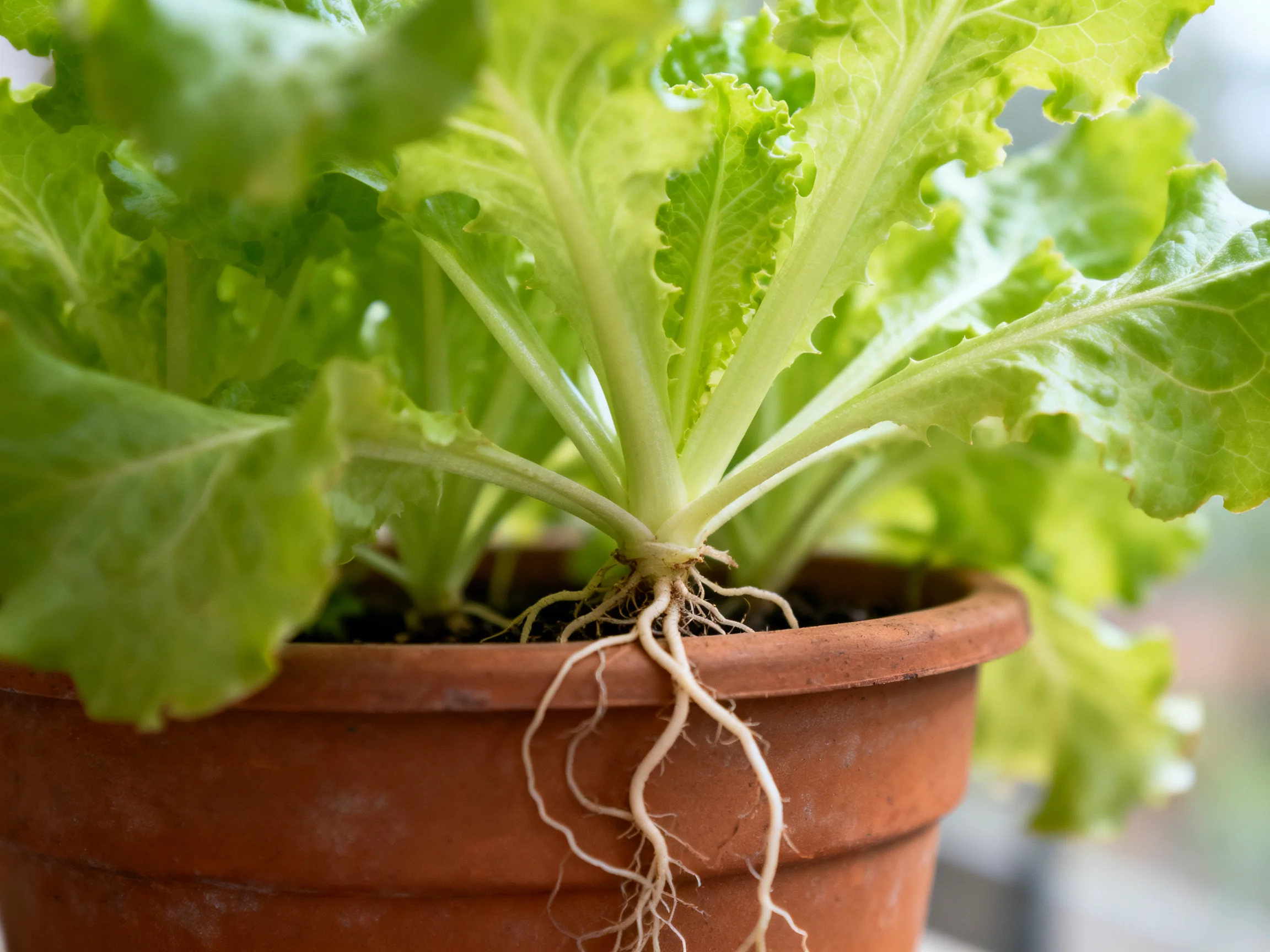 A healthy green leafy vegetable plant with exposed white roots in a terracotta pot