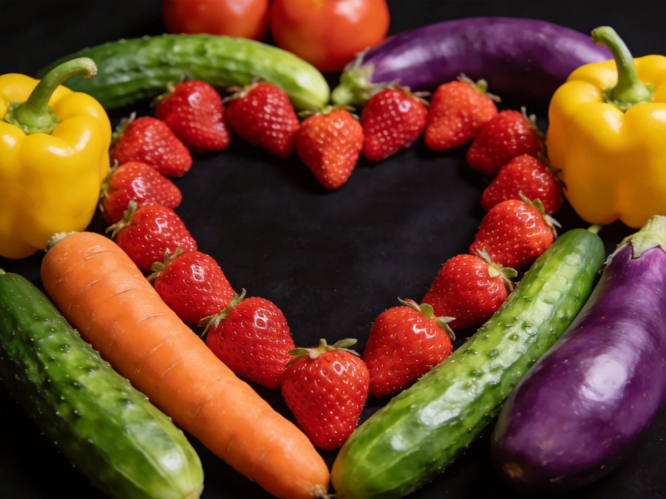 A heart of strawberries with colorful vegetables arranged around them