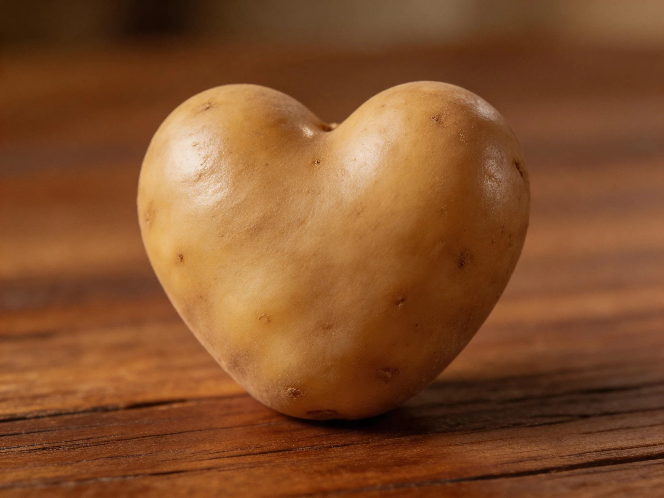 A heart - shaped tan potato resting on a wooden surface