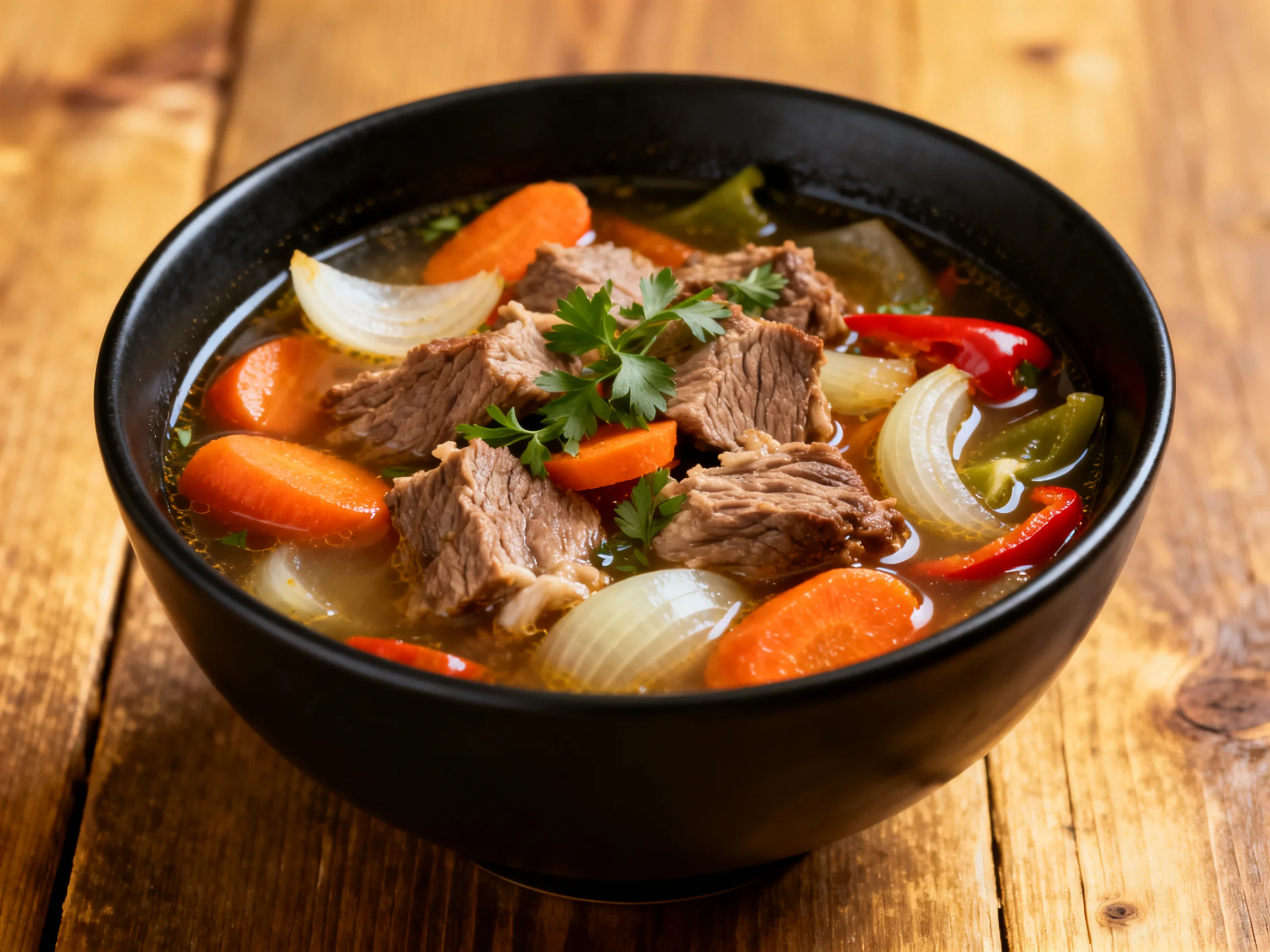 A hearty beef stew with carrots, onions, and peppers in a black bowl