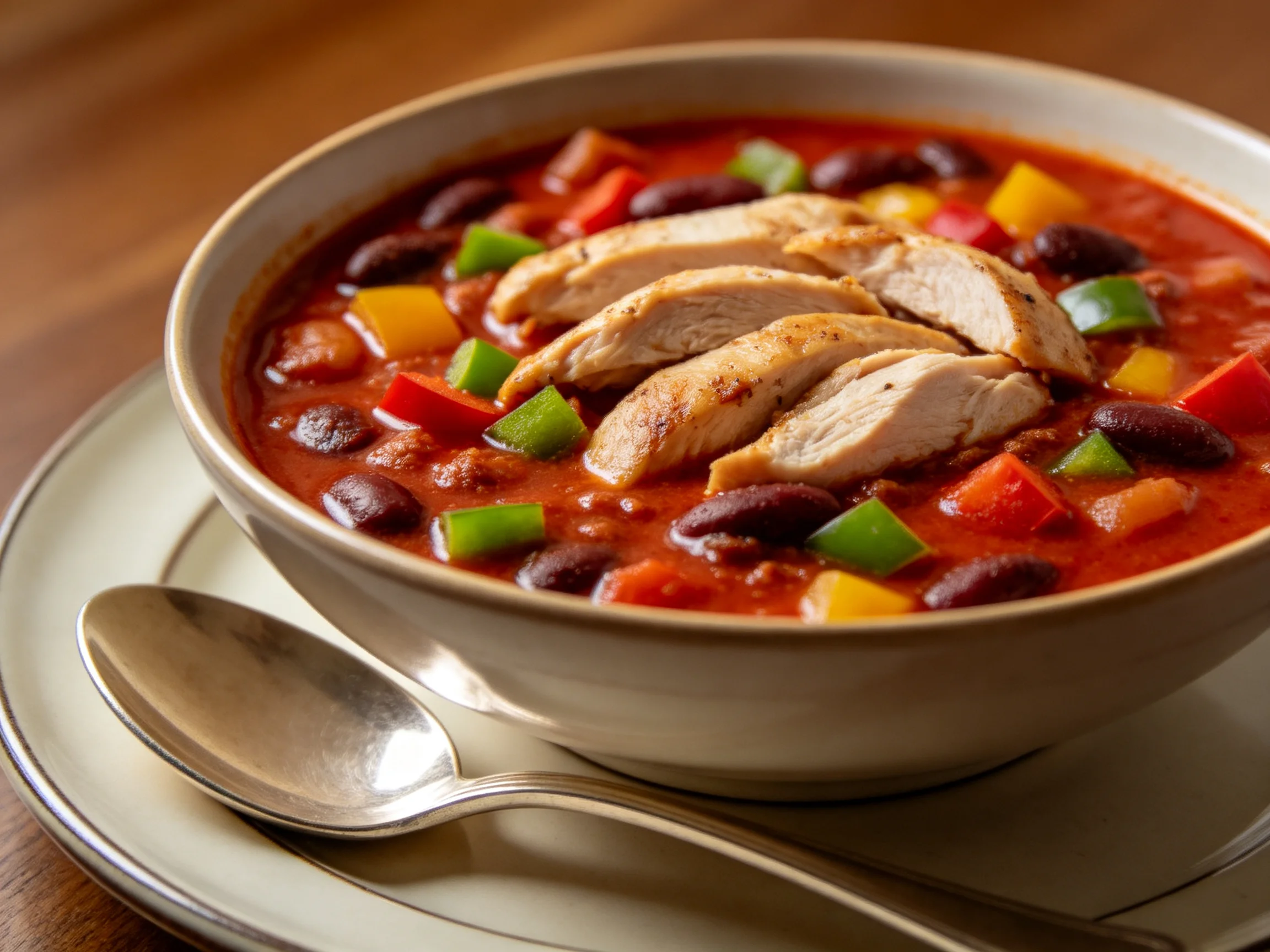 A hearty chicken chili bowl with sliced meat and colorful vegetables