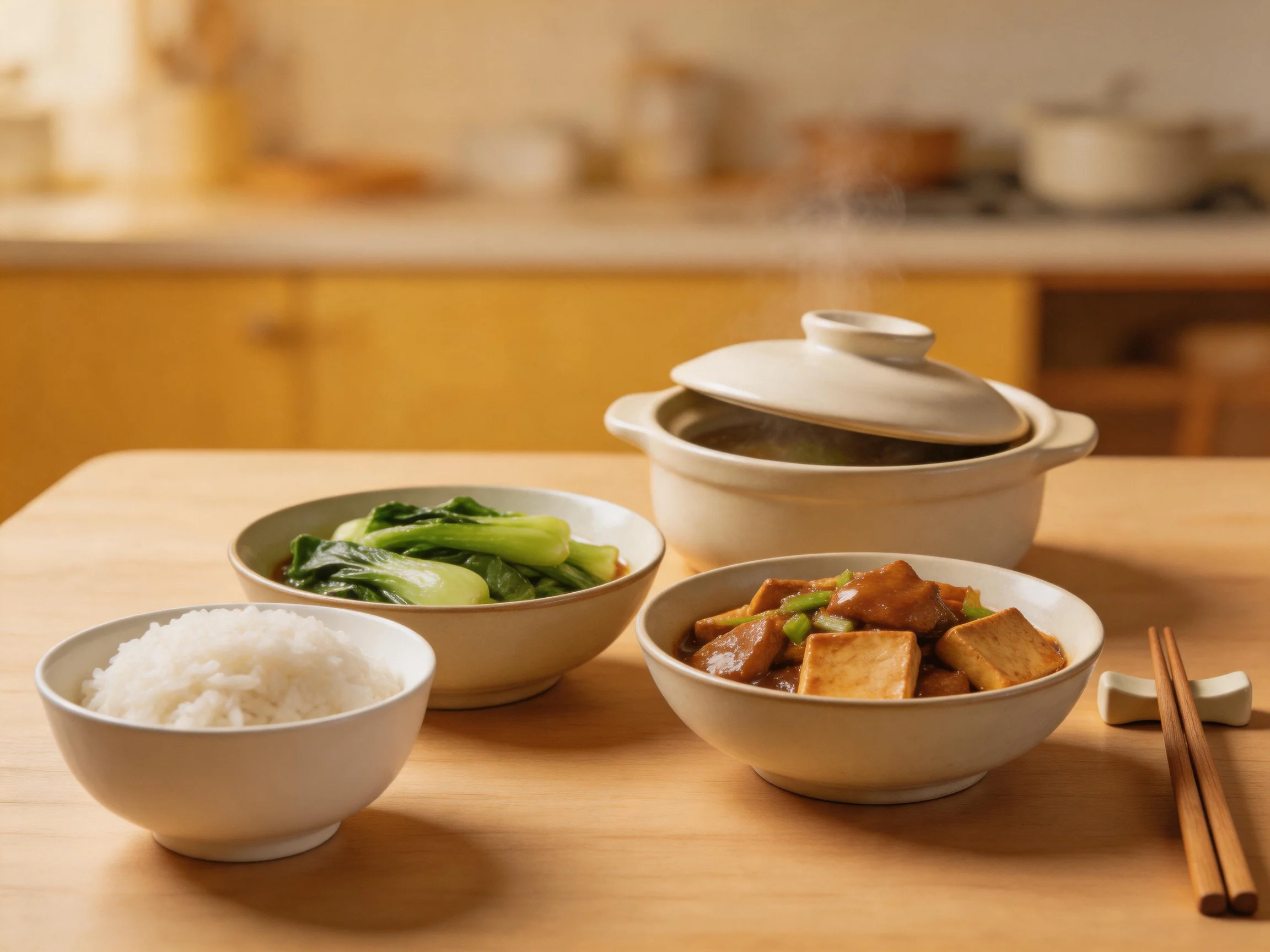 A home-style meal with rice, greens, tofu, and a steaming pot