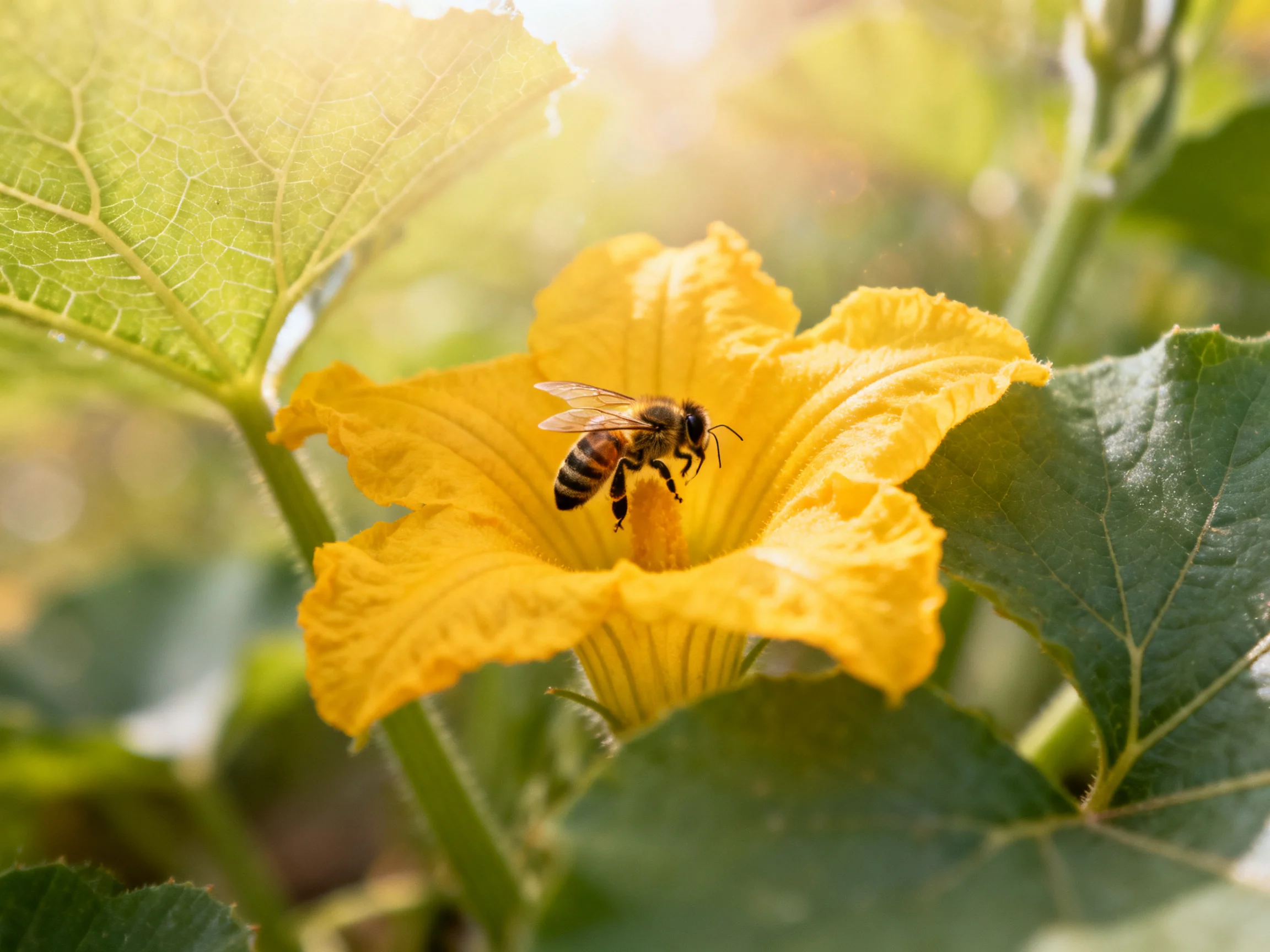 A honeybee gathers nectar from a bright yellow squash blossom