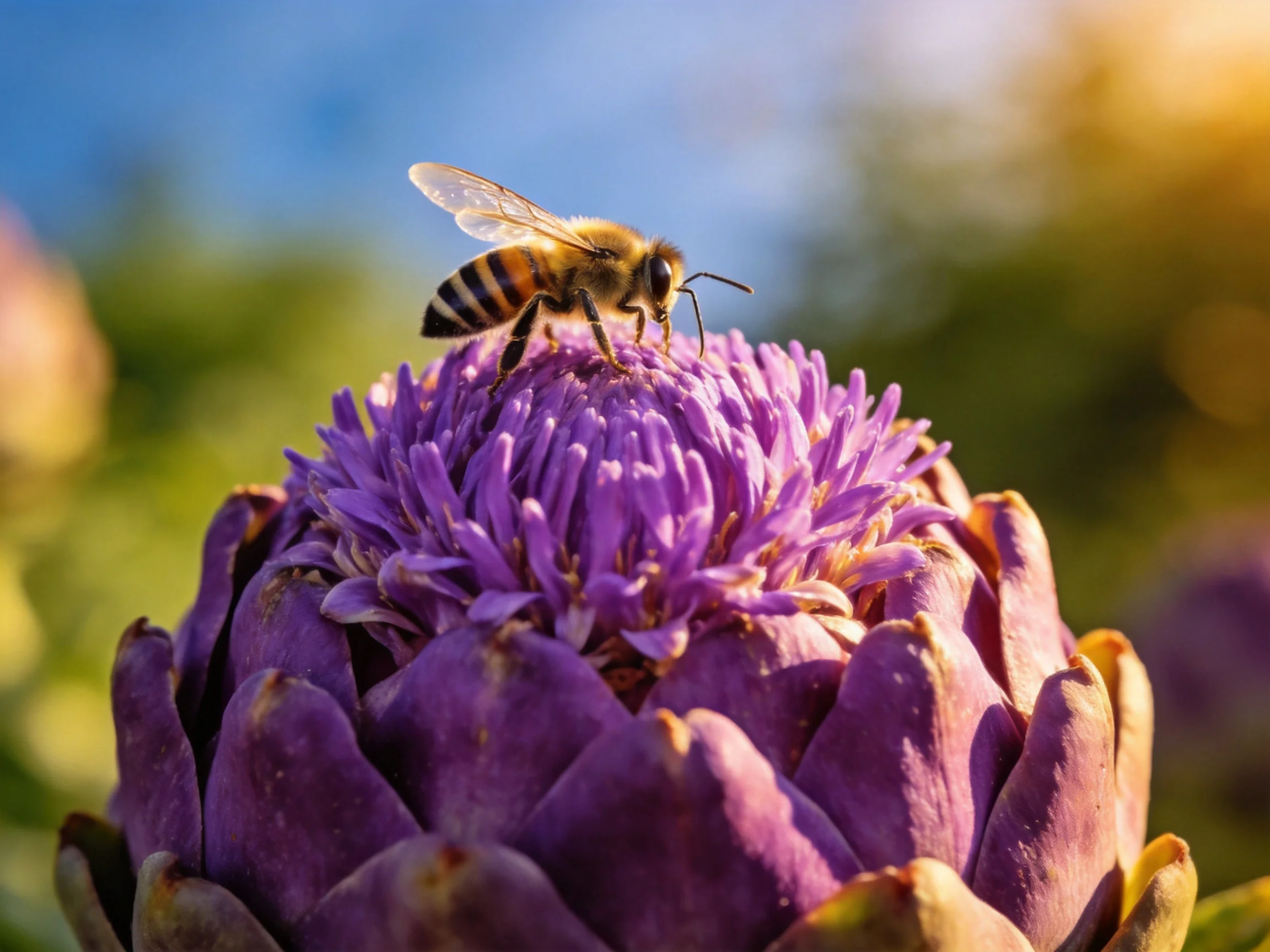 A honeybee rests atop a vibrant purple artichoke blossom