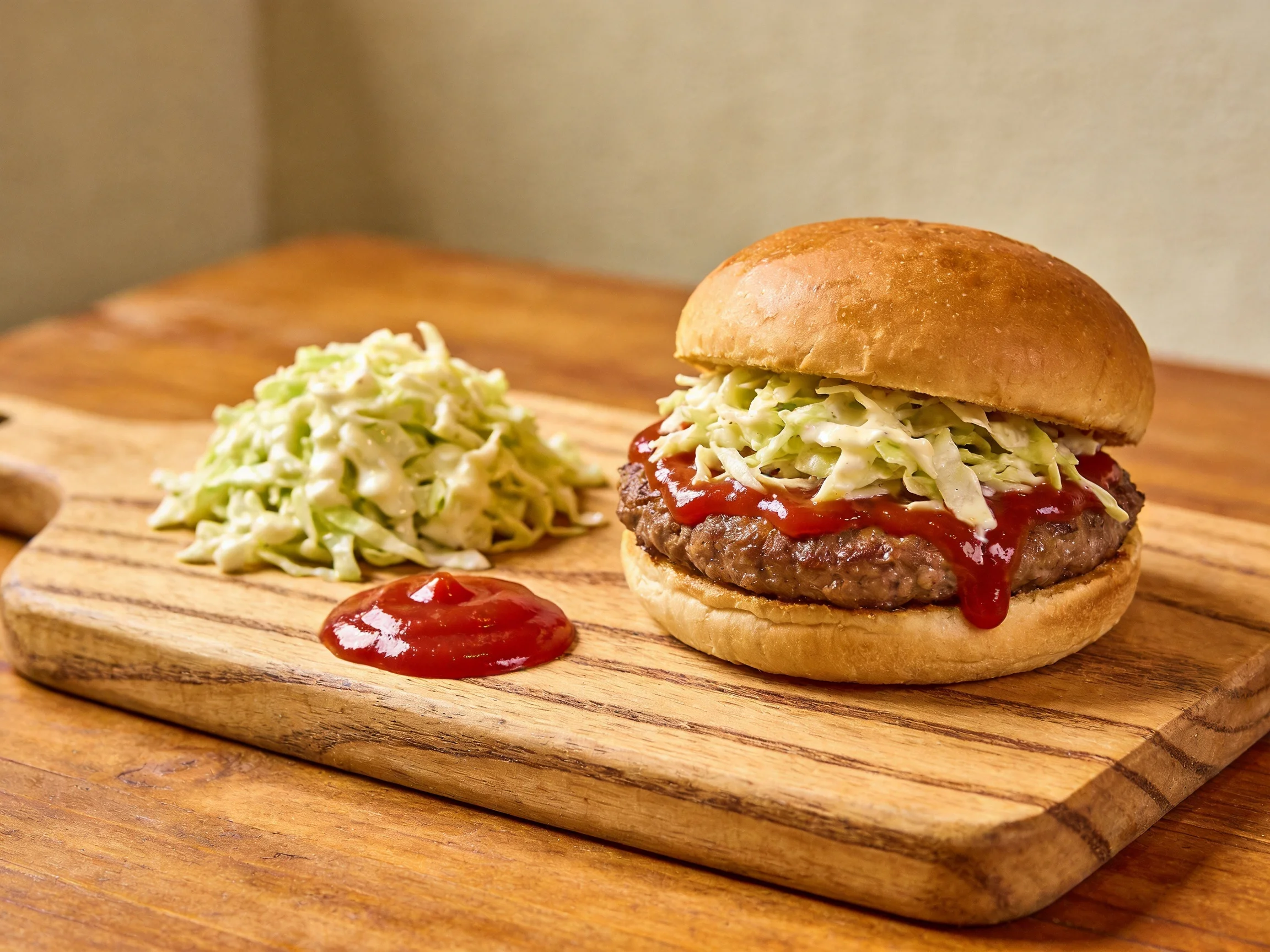 A juicy burger topped with coleslaw and ketchup on a wooden cutting board