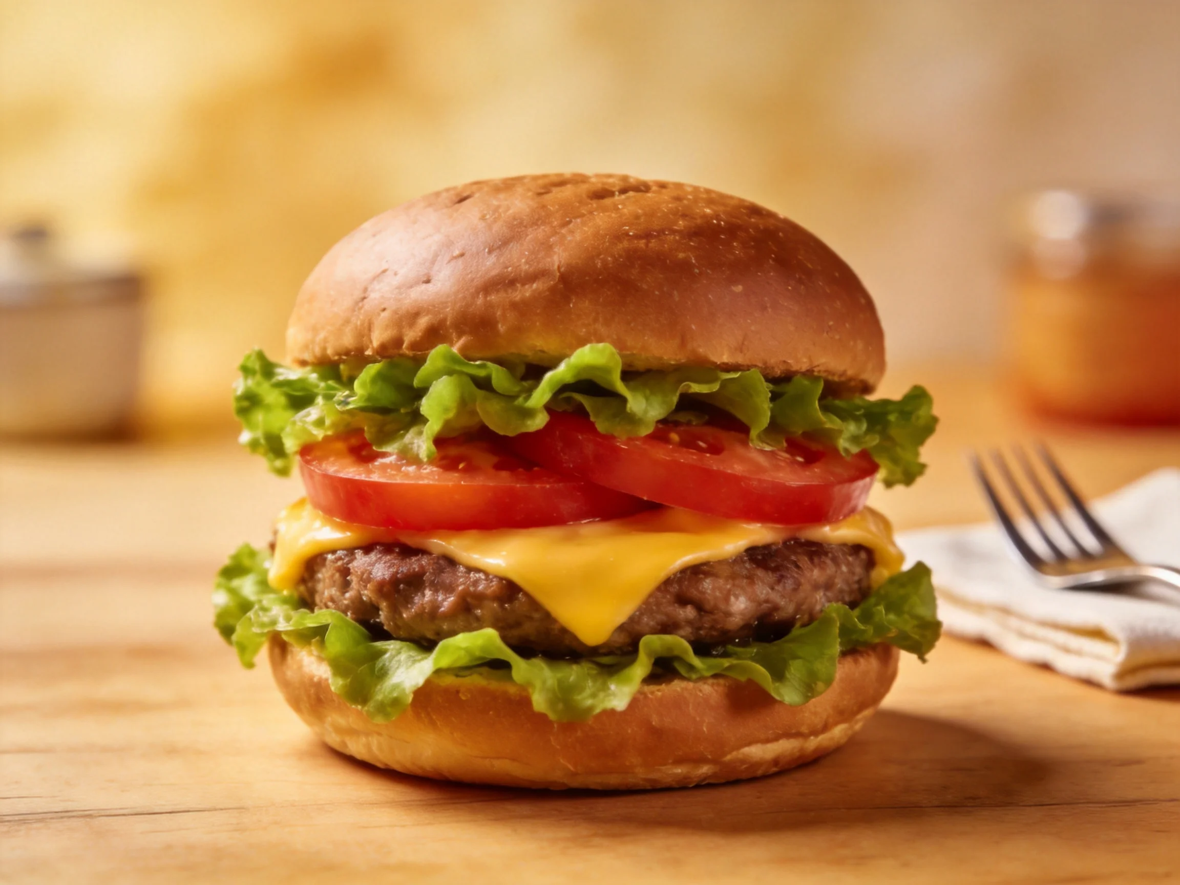 A juicy cheeseburger with fresh lettuce, tomato, and melted cheddar on soft buns