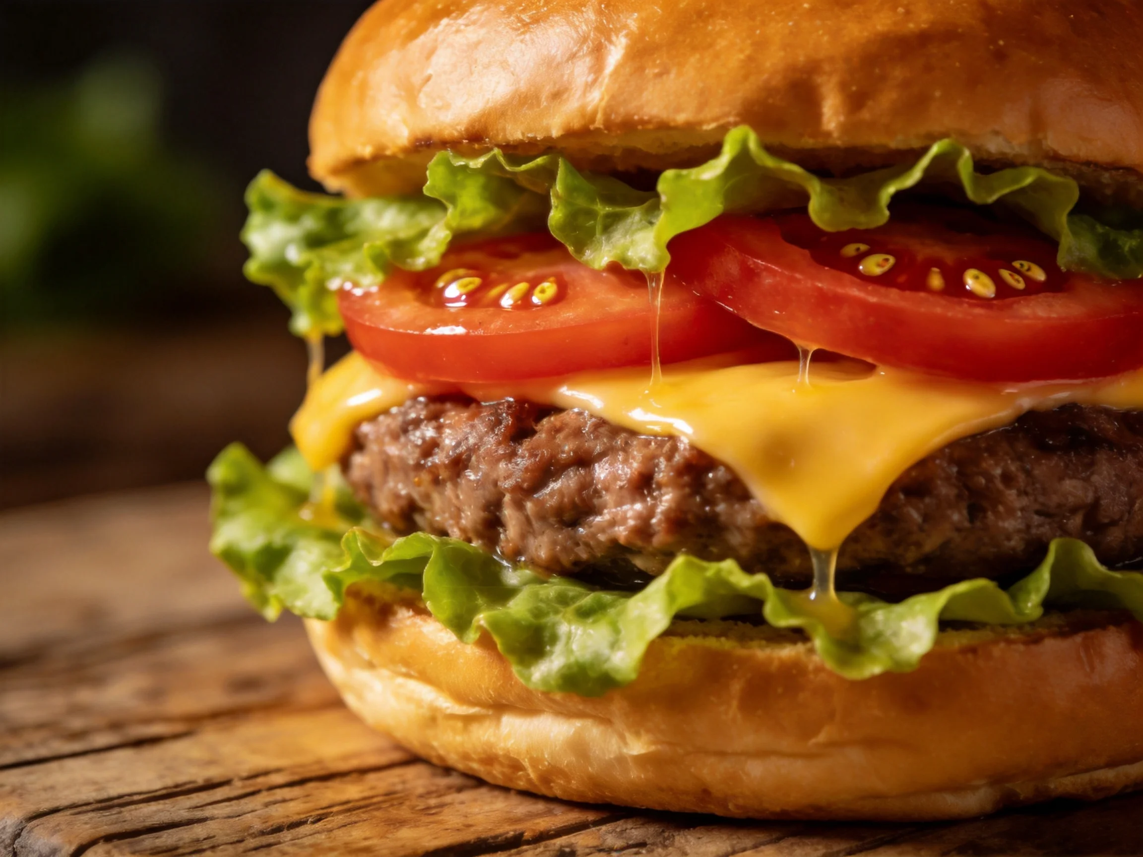 A juicy cheeseburger with melted cheddar, fresh tomato, and crisp lettuce
