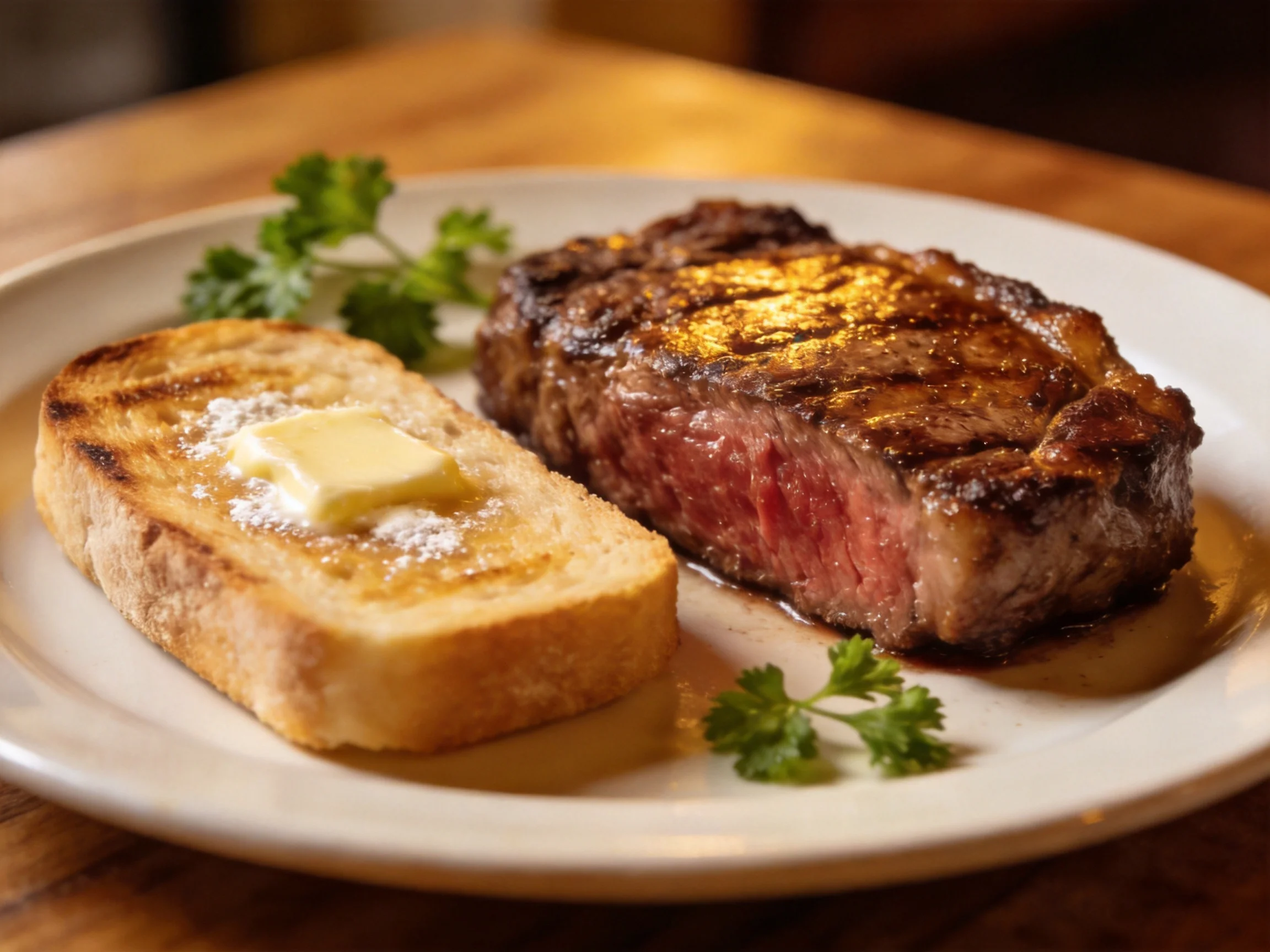 A juicy grilled steak and toasted bread on a white plate