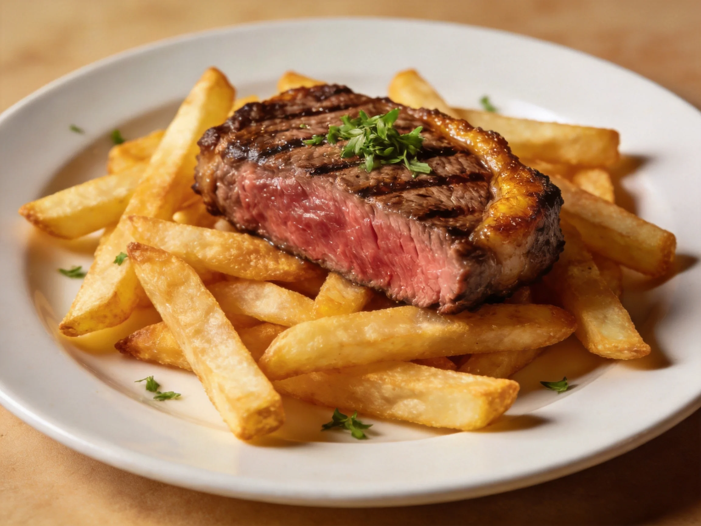 A juicy grilled steak served atop crispy golden French fries