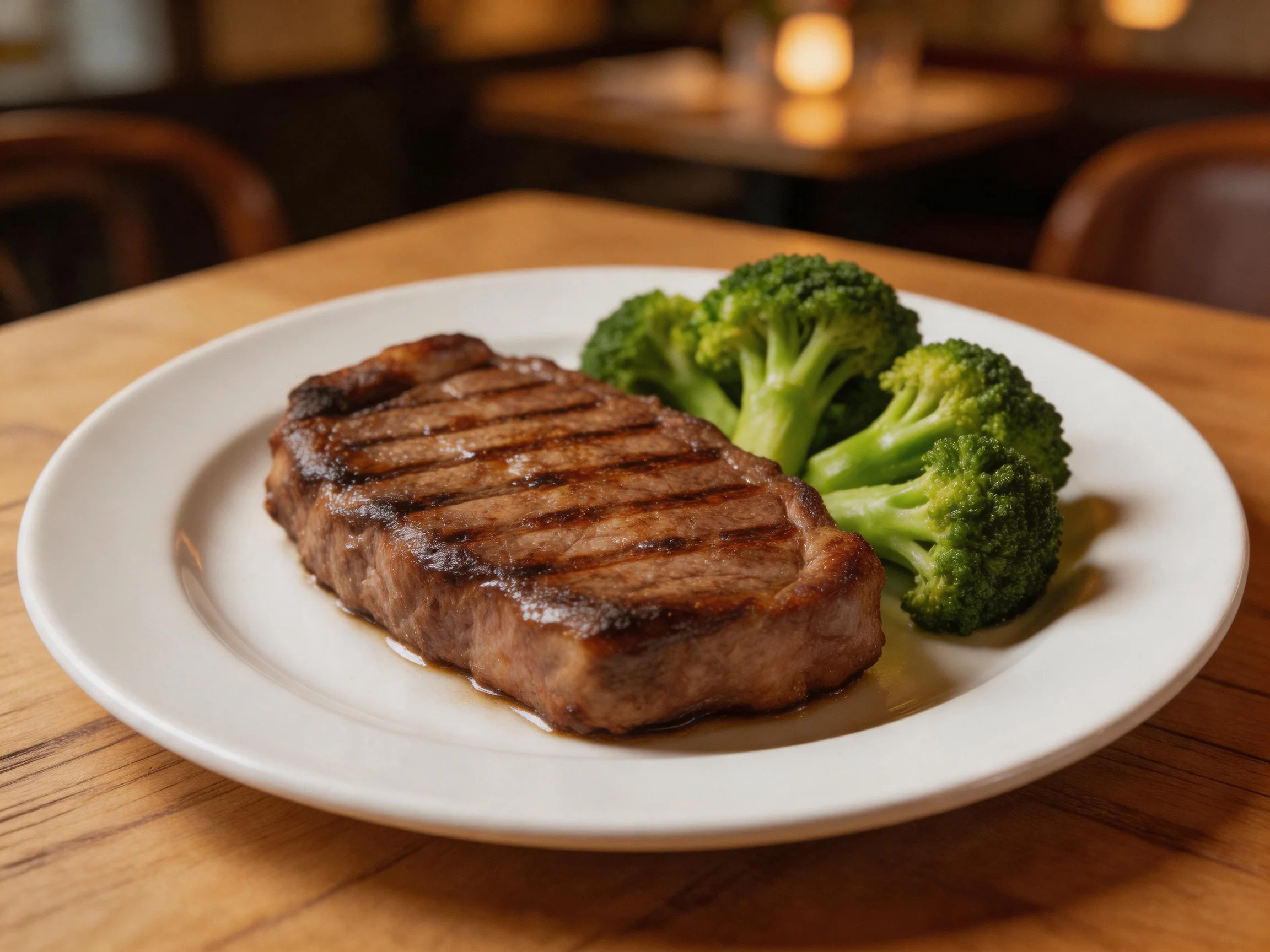 A juicy grilled steak served with fresh green broccoli on a white plate