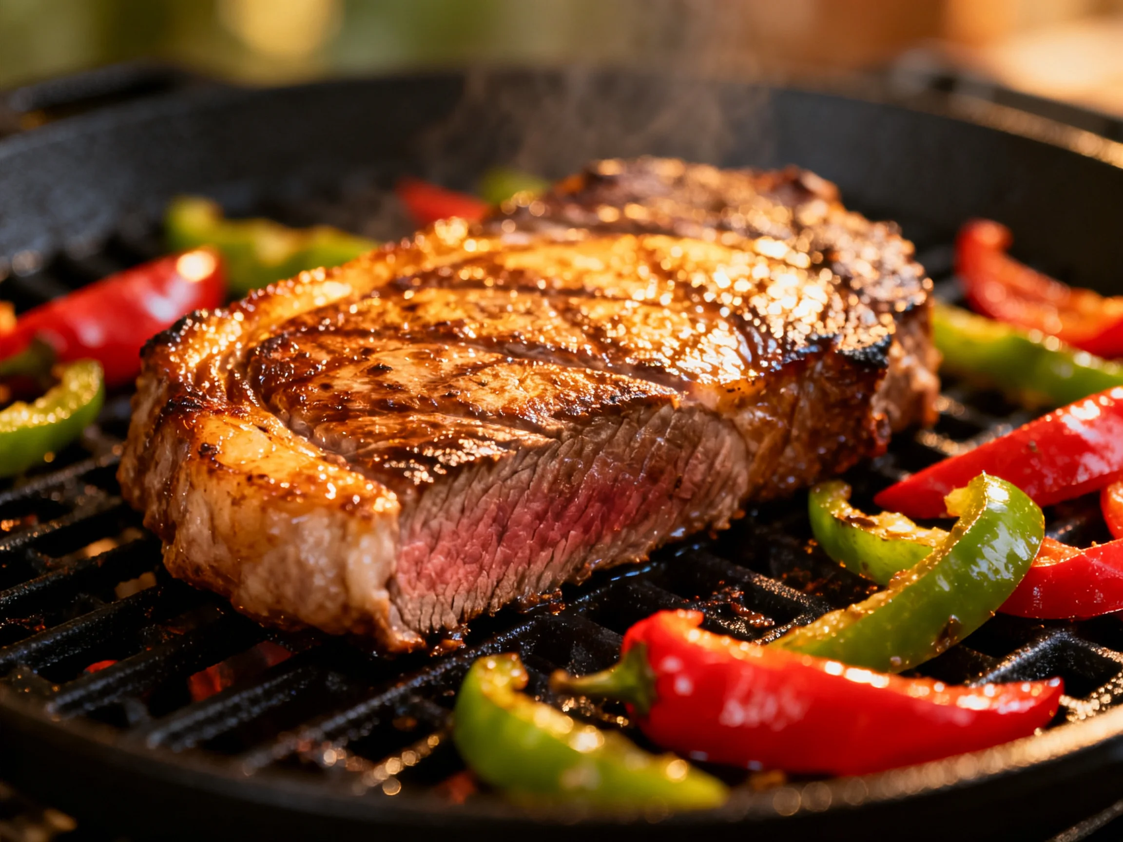 A juicy steak grilling with red and green bell peppers