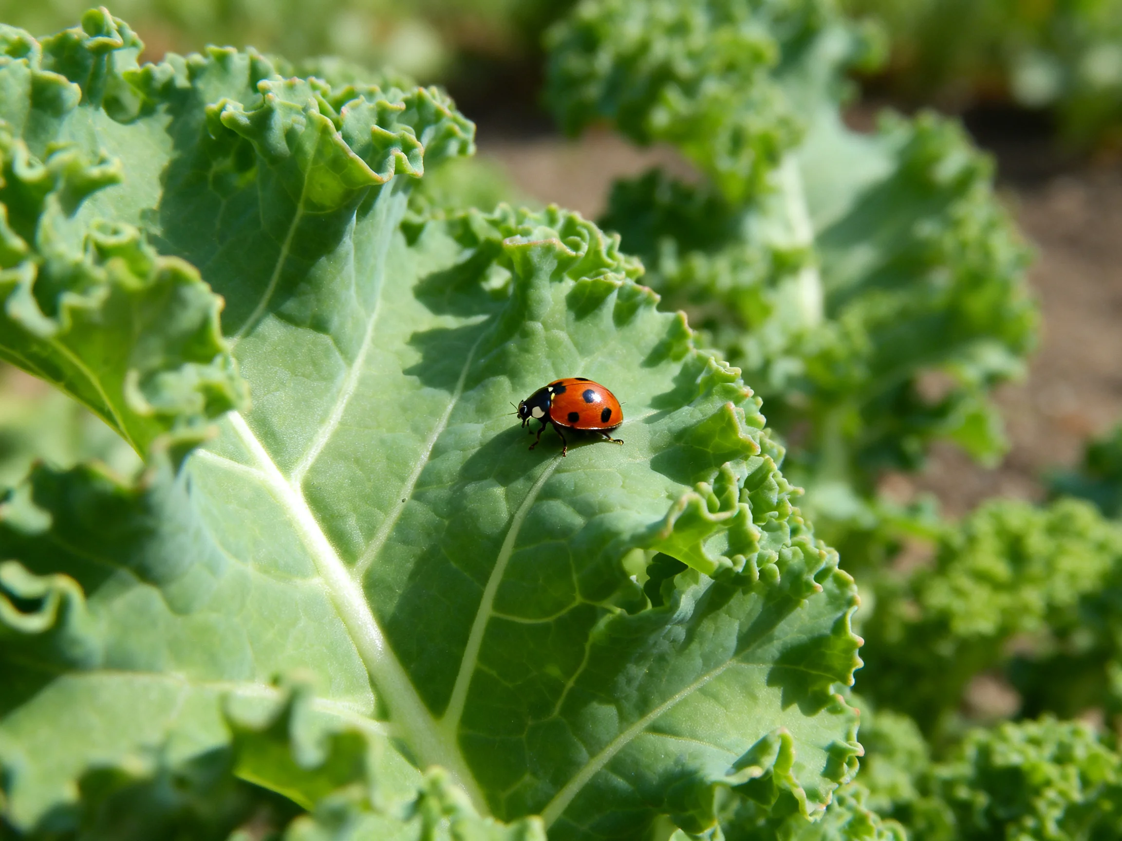A ladybug rests on a large, ruffled green kale leaf