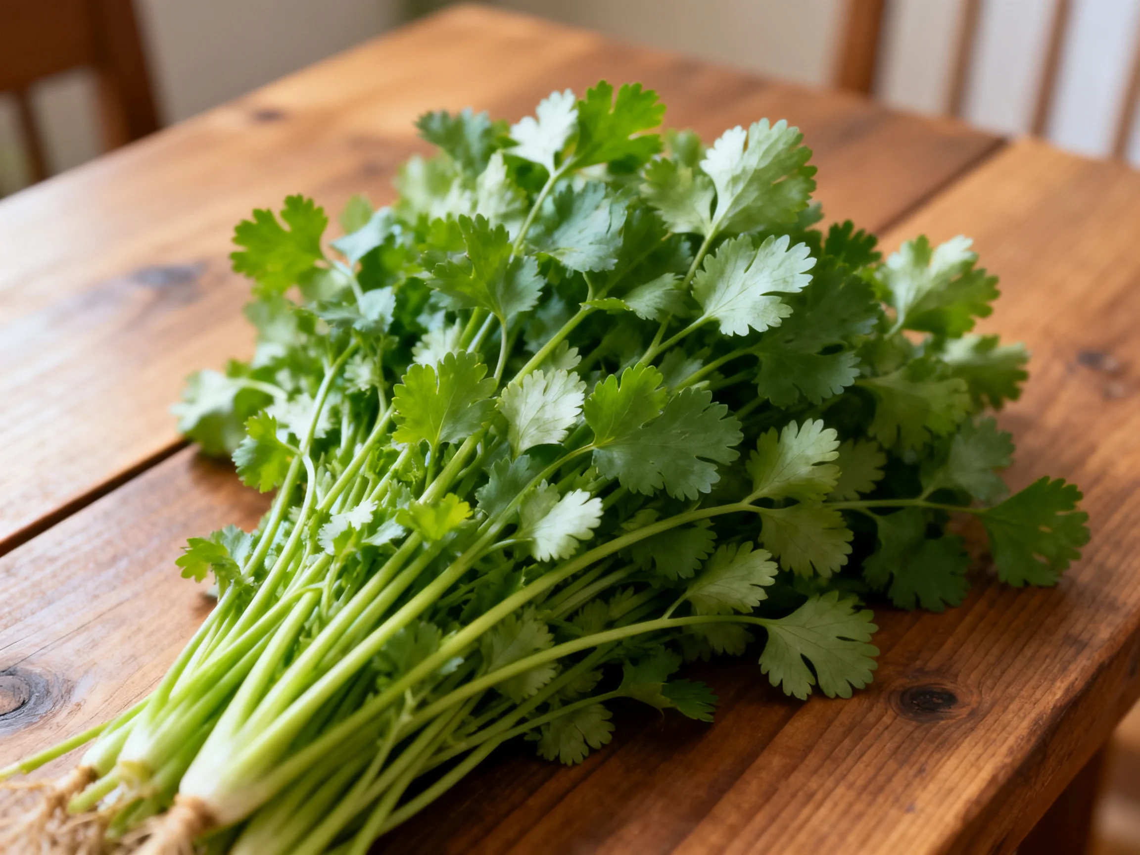 A large bundle of fresh green cilantro rests on a rustic wooden table