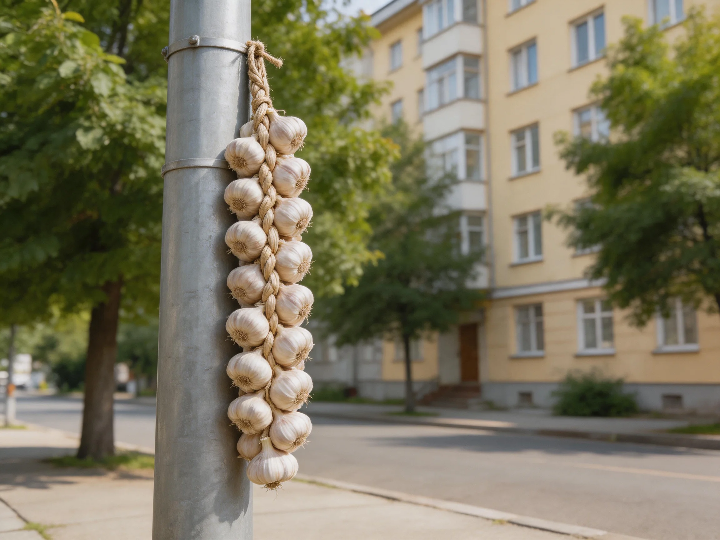 A large bundle of garlic hangs from a metallic pole near a yellow apartment building