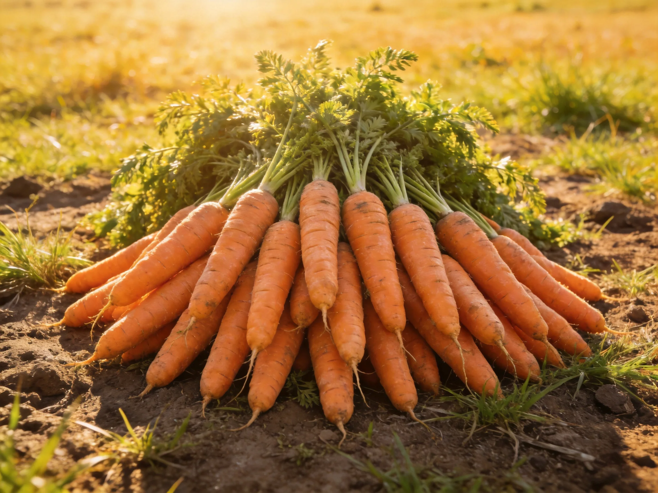 A large bundle of vibrant orange carrots with fresh green tops placed on soil