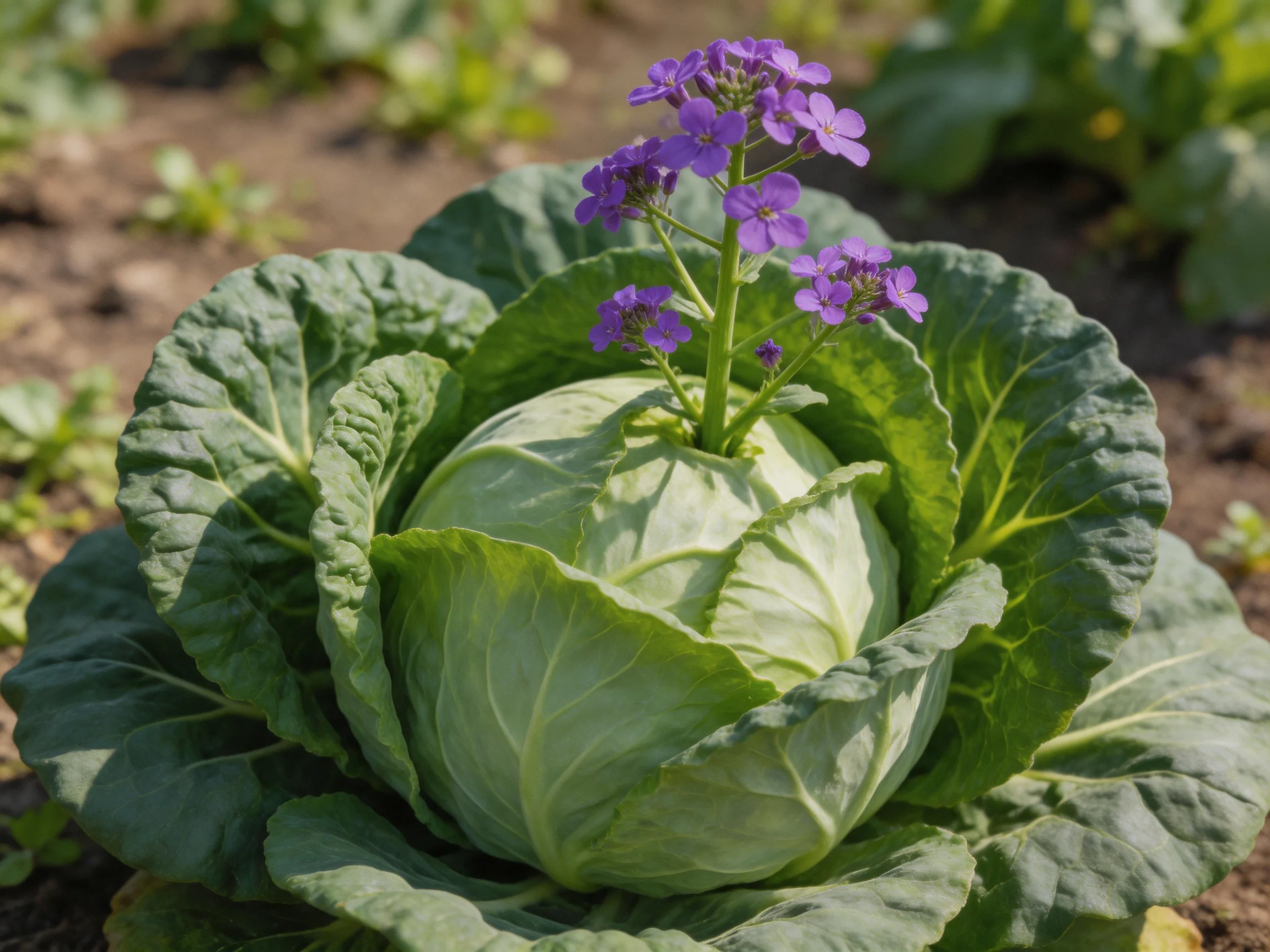 A large cabbage with vibrant purple flowers in a garden bed