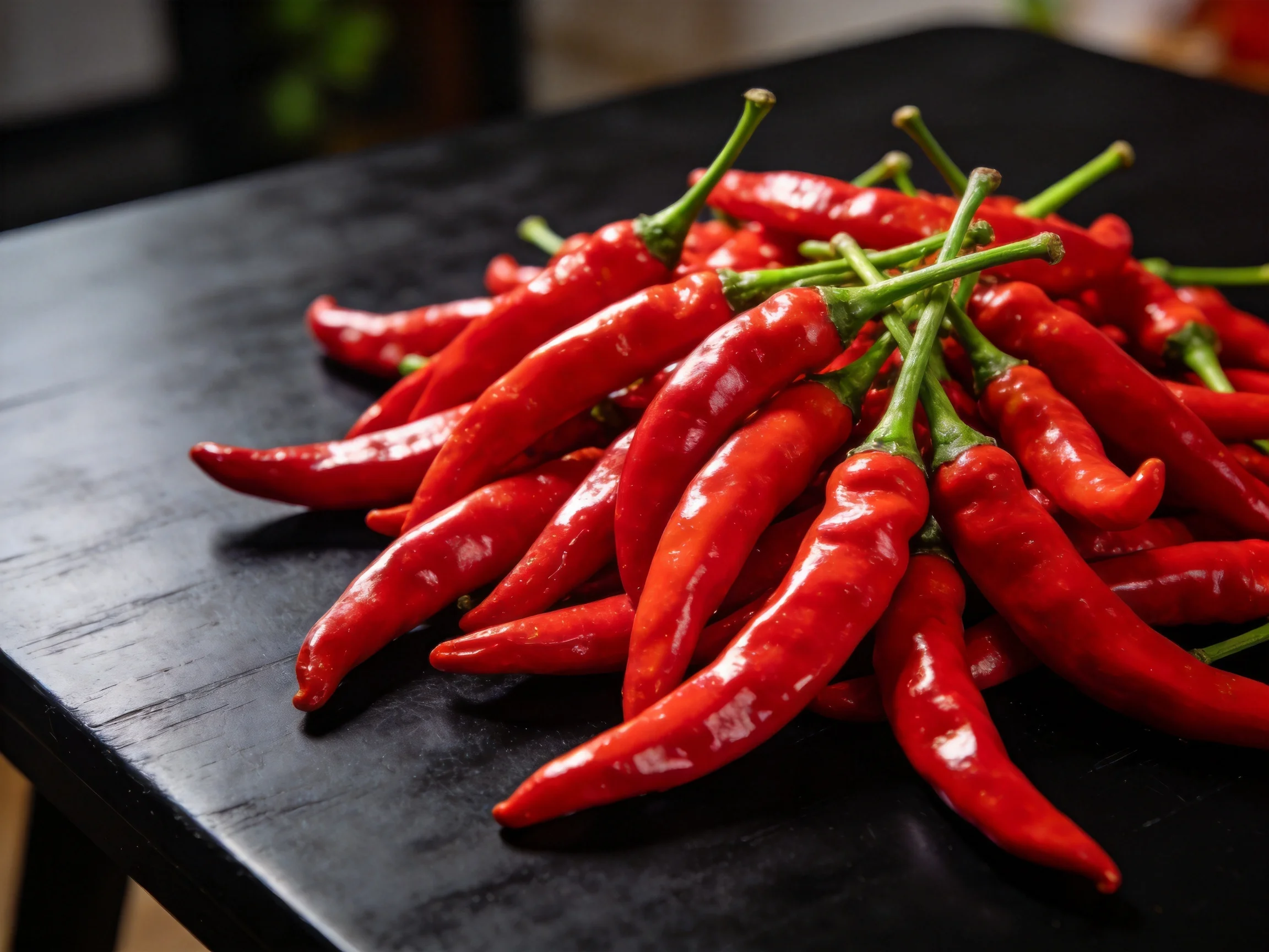 A large cluster of glossy red chili peppers arranged on a black table