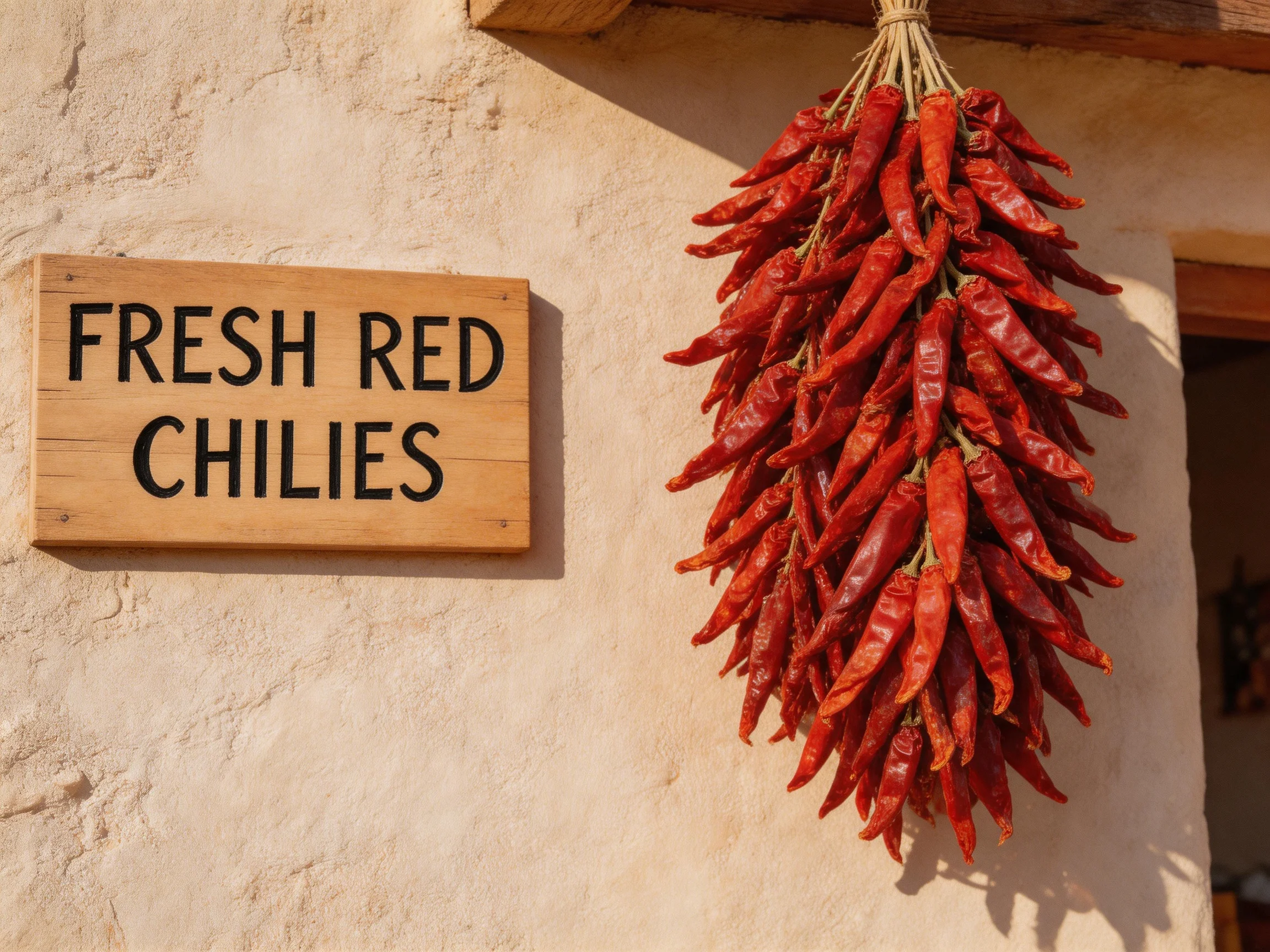 A large cluster of vivid red chilies hangs beside a wooden sign