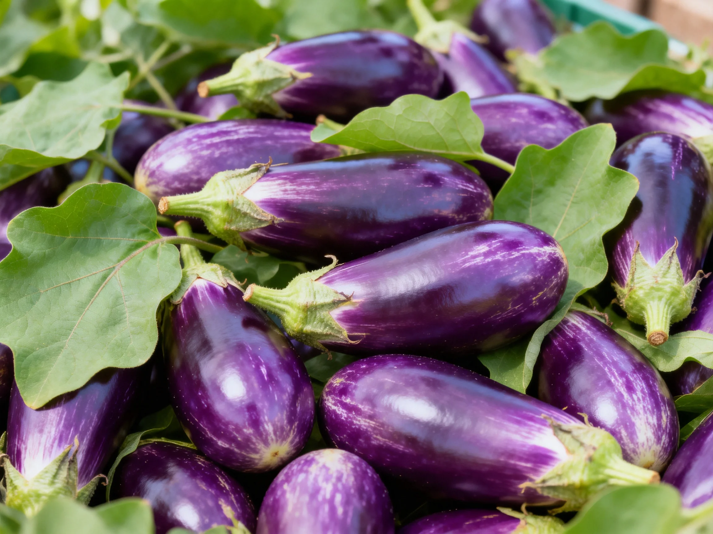 A large collection of glossy purple eggplants with fresh green leaves