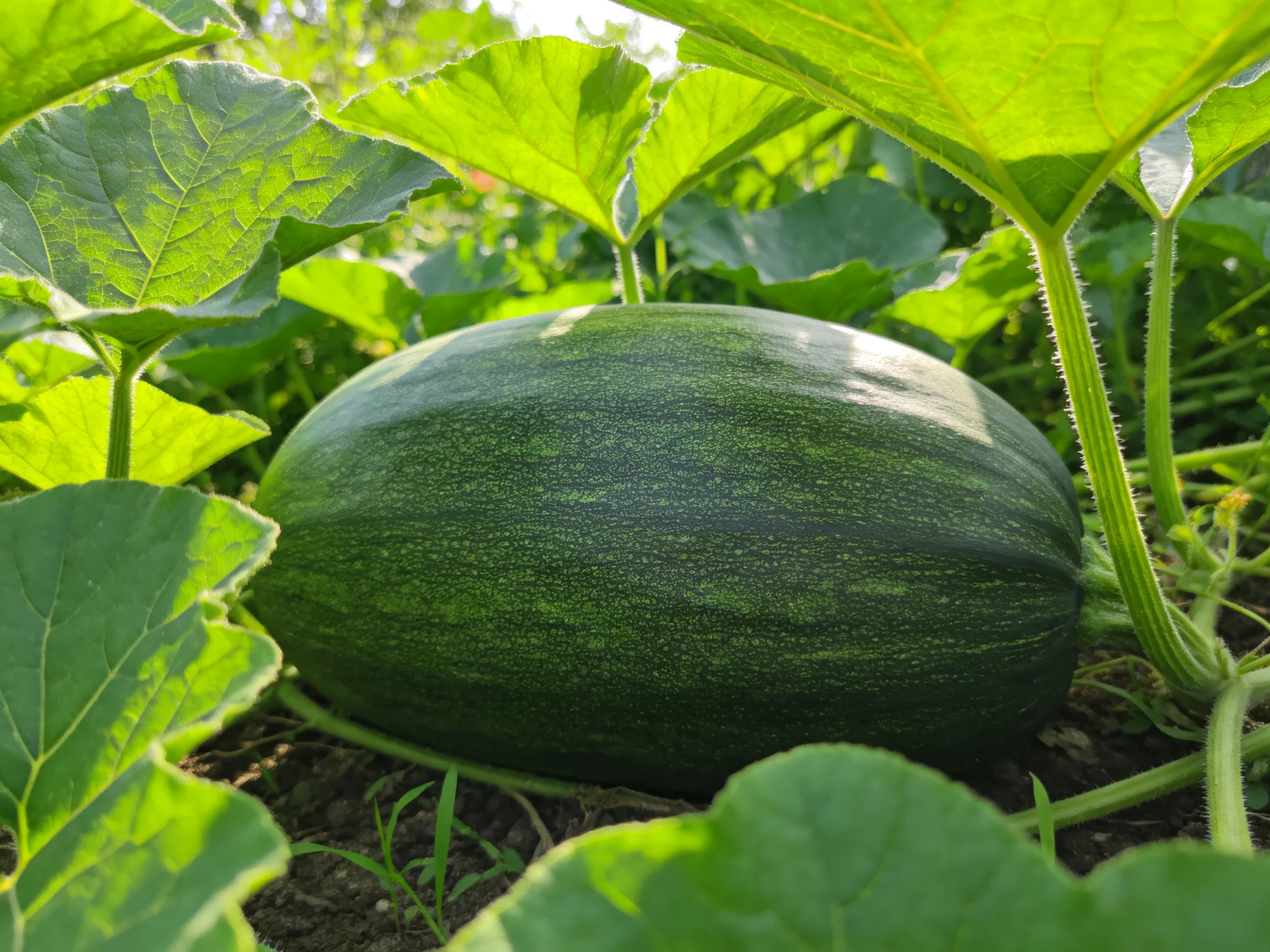 A large dark green squash grows amid broad green leaves in a sunlit garden.
