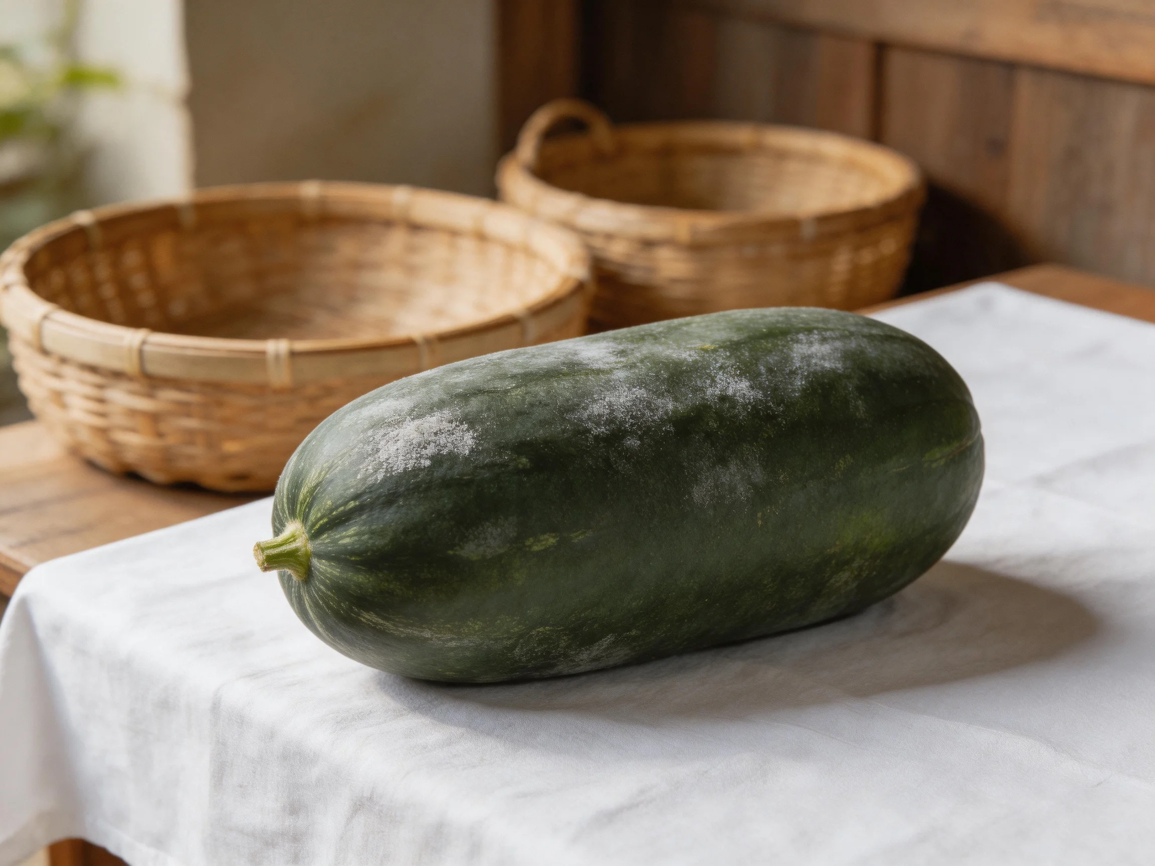 A large dark green vegetable rests on a white cloth with wicker baskets behind