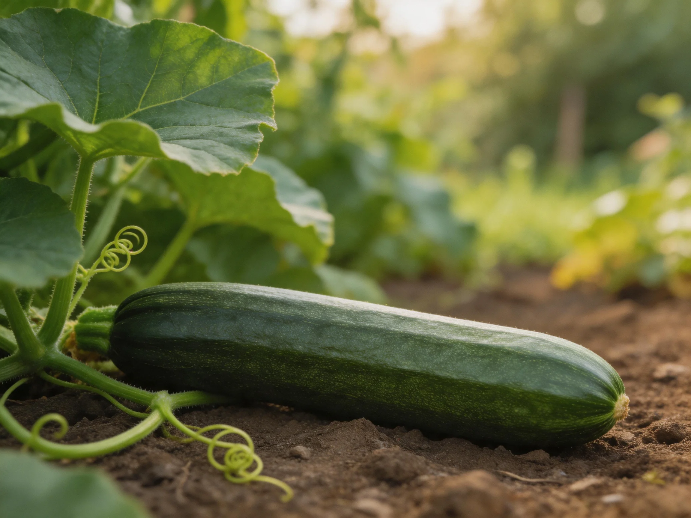 A large dark green zucchini rests near broad green leaves in a sunlit garden