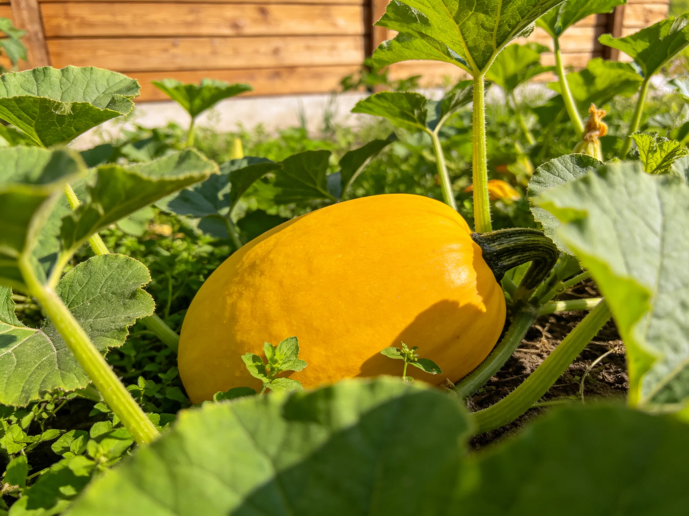 A large golden squash grows amid lush green foliage in a sunny garden bed