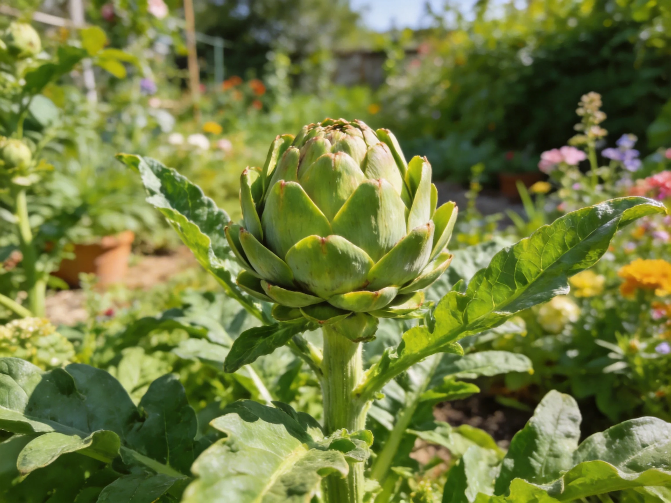 A large green artichoke bud amidst vibrant flowers and lush greenery