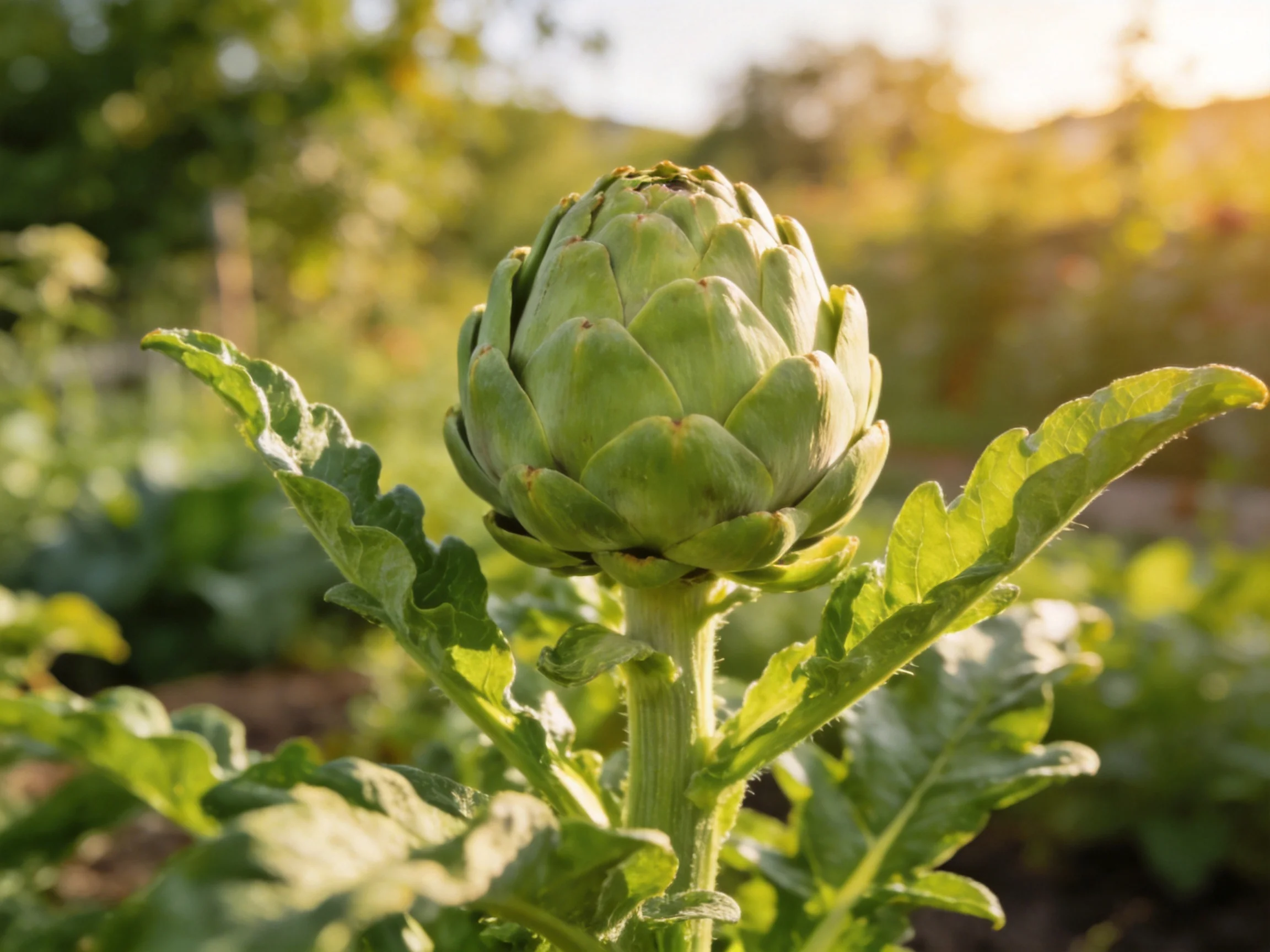A large green artichoke bud in a sunlit garden