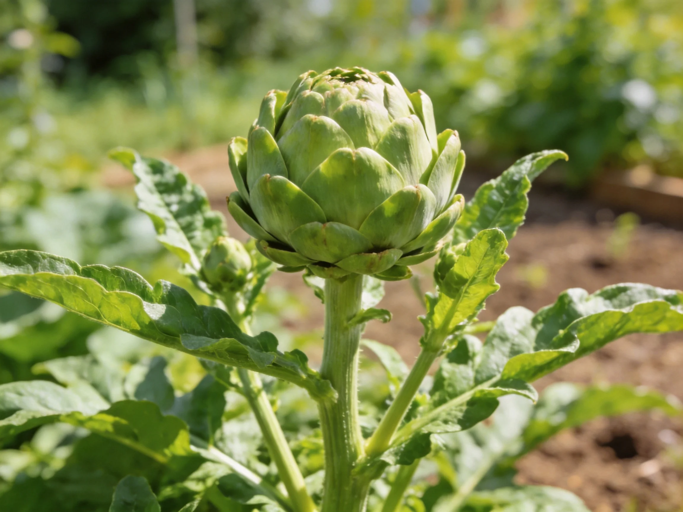 A large green artichoke bud with broad leaves in a sunny garden