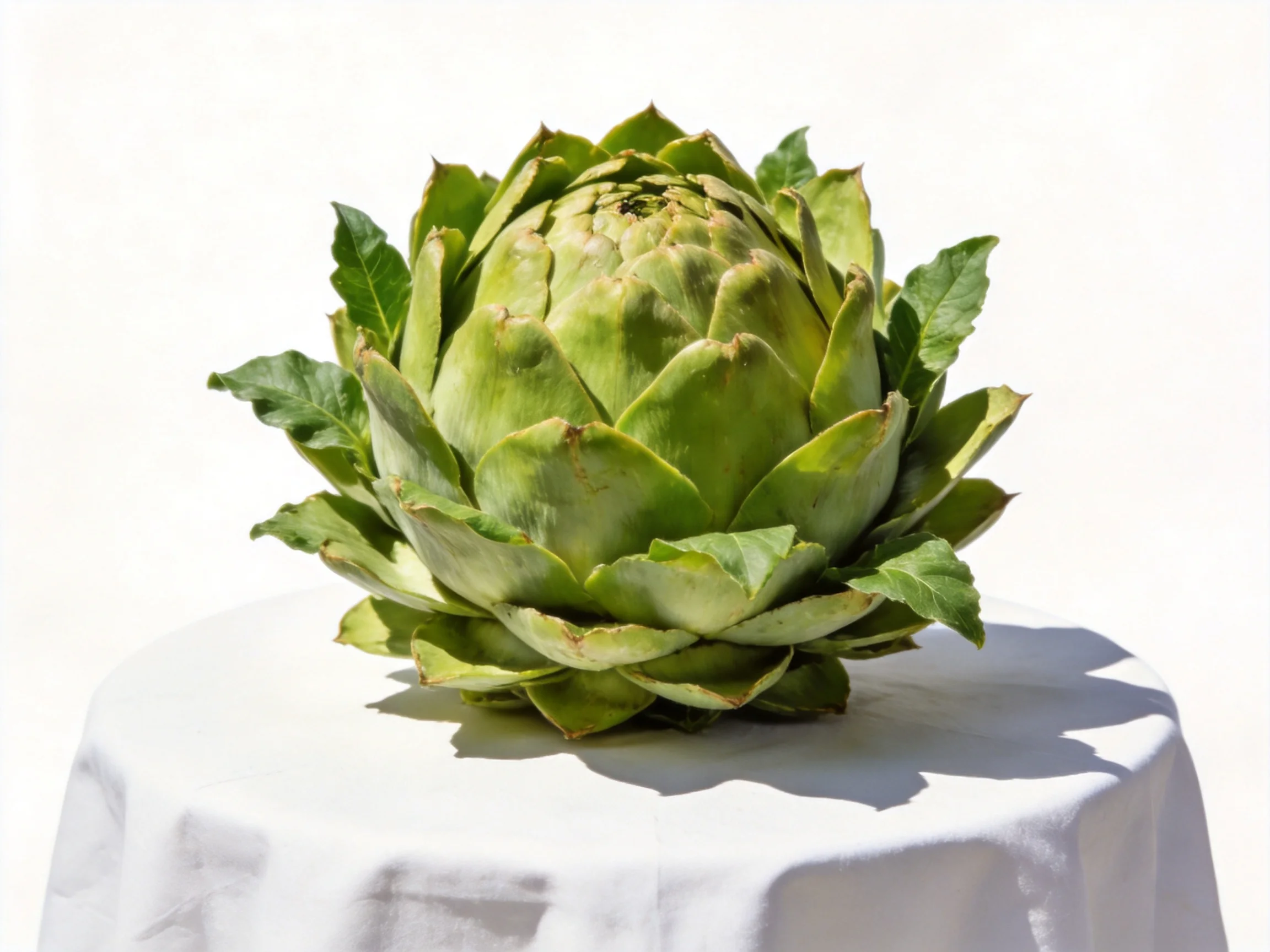 A large green artichoke rests on a white cloth-covered table