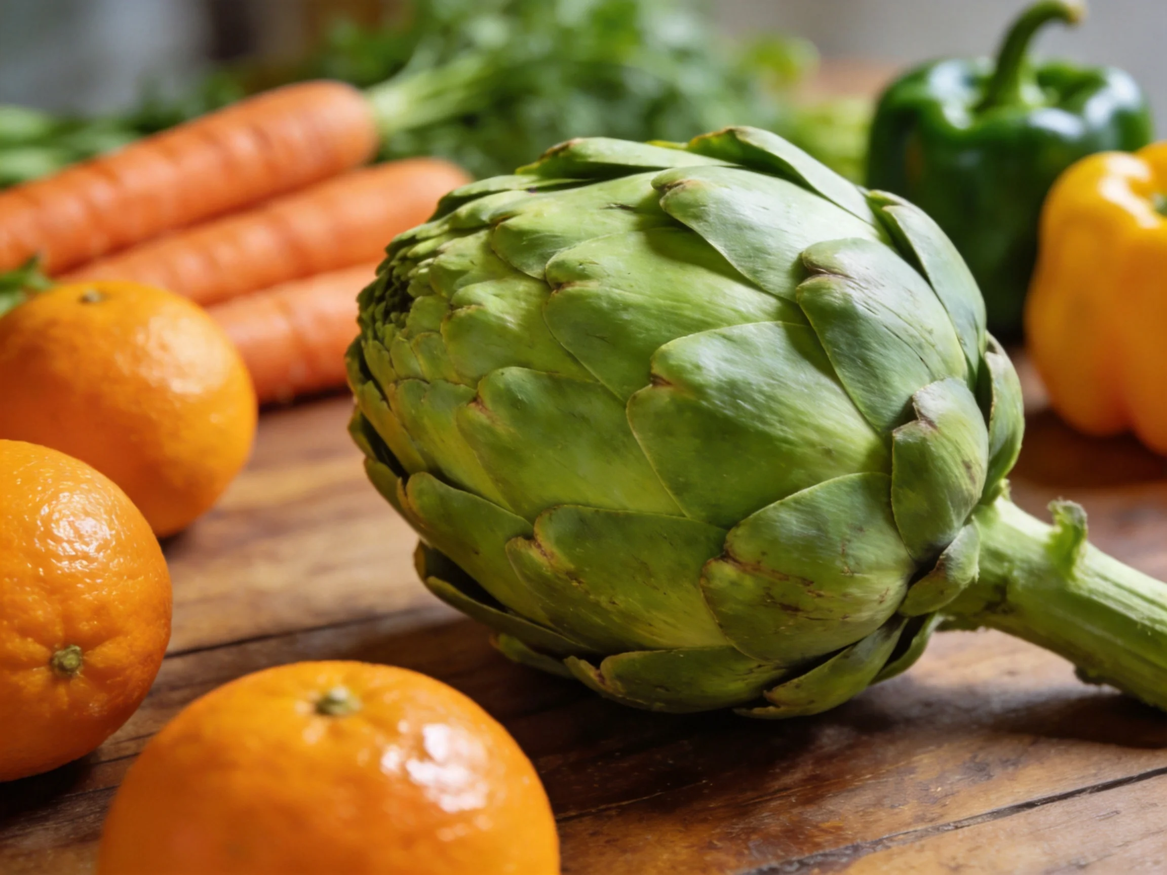 A large green artichoke surrounded by oranges, carrots, and bell peppers