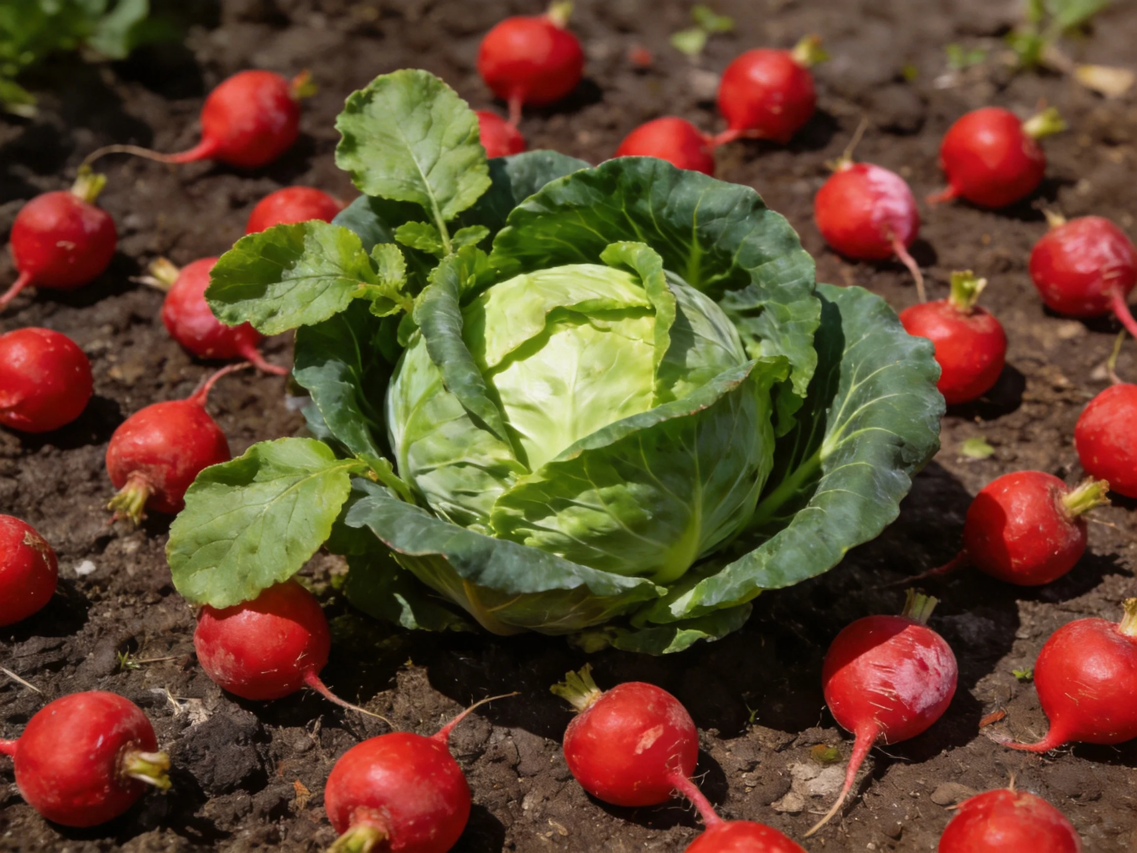 A large green cabbage centered among many red radishes in dark soil