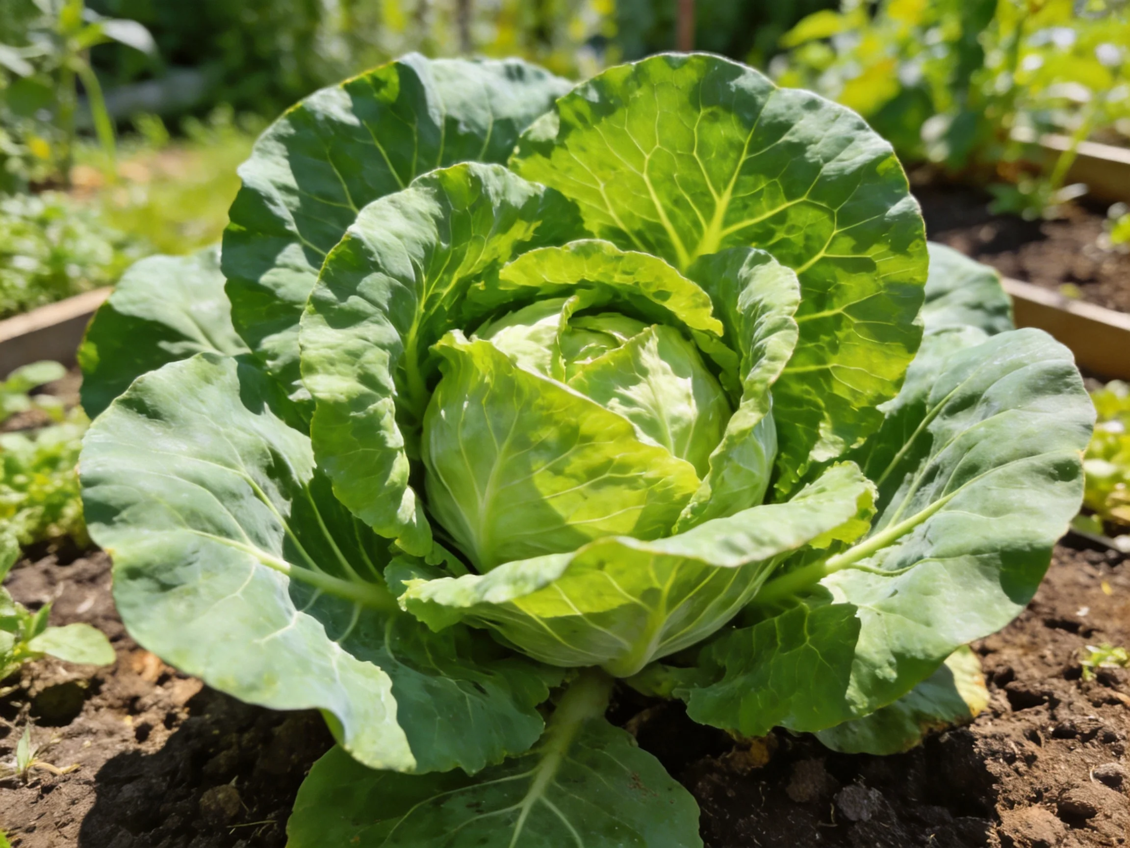 A large green cabbage flourishing in a sunlit vegetable garden bed