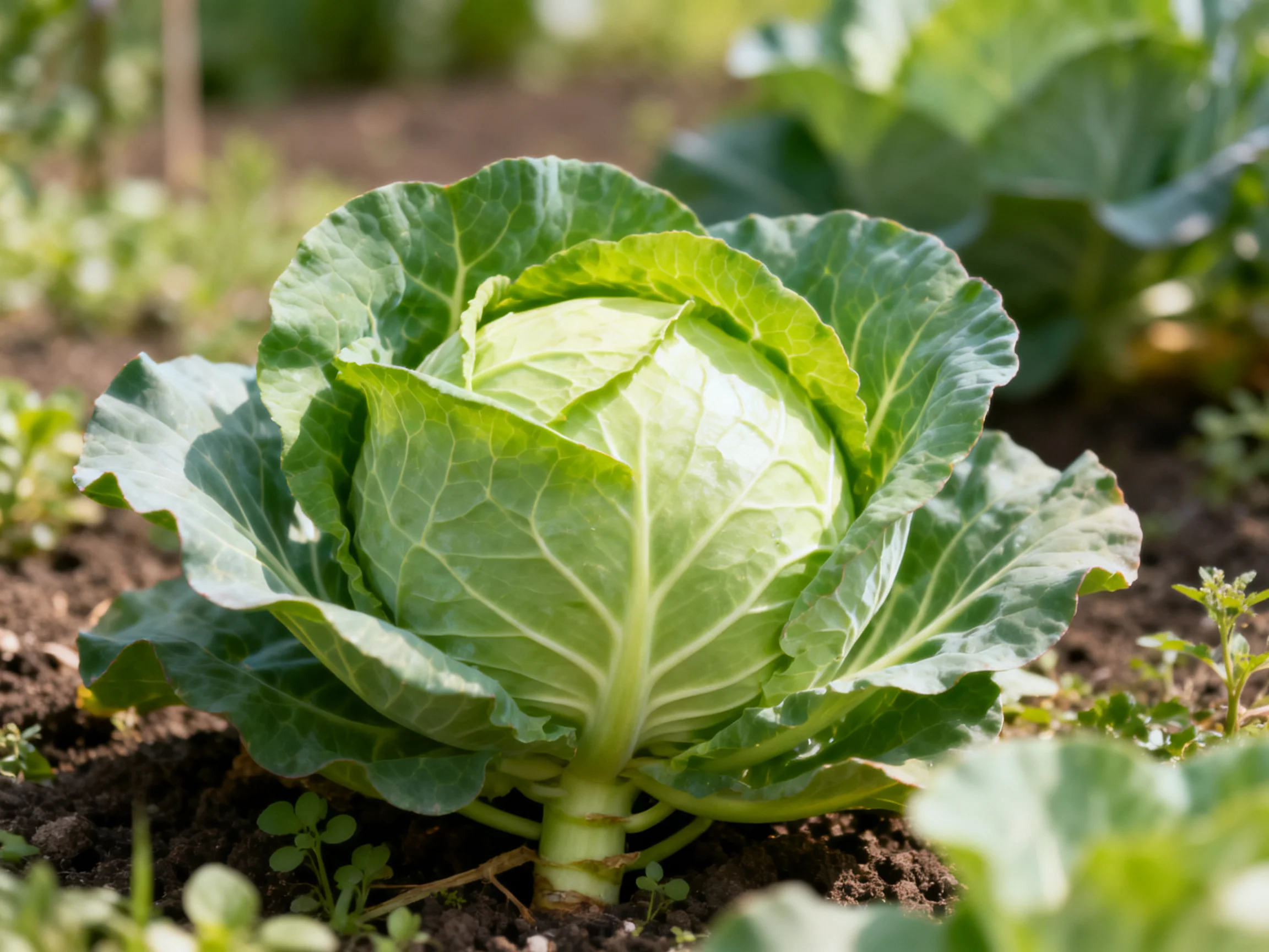 A large green cabbage grows among dark soil and small plants