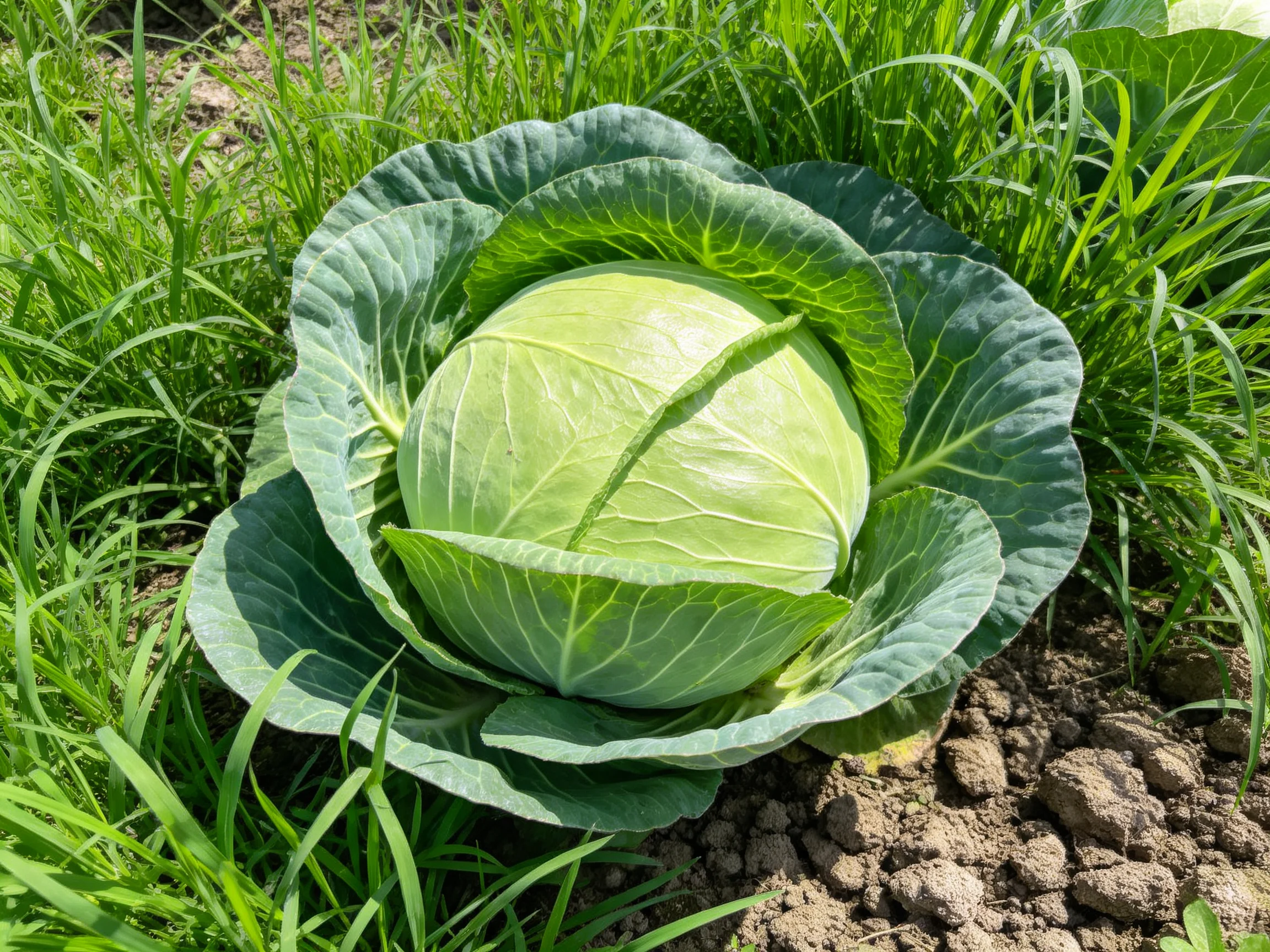 A large green cabbage nestled among lush grass and brown soil