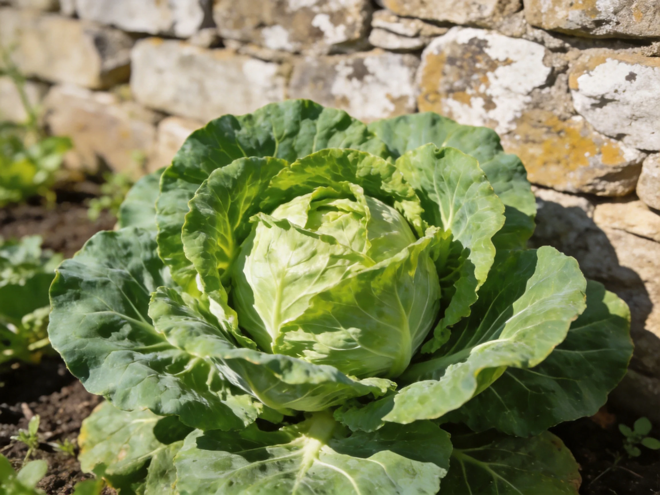 A large green cabbage plant growing beside an aged stone wall