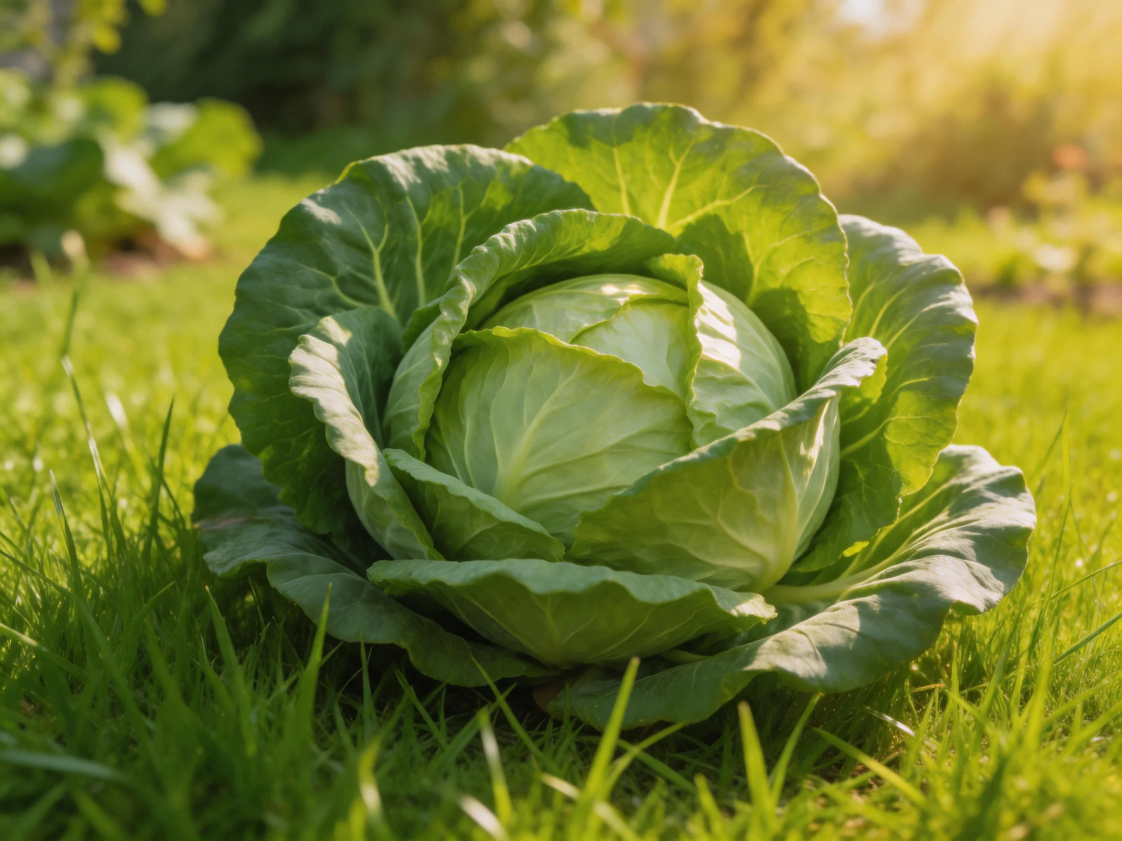 A large green cabbage resting on lush grass in a sunlit garden