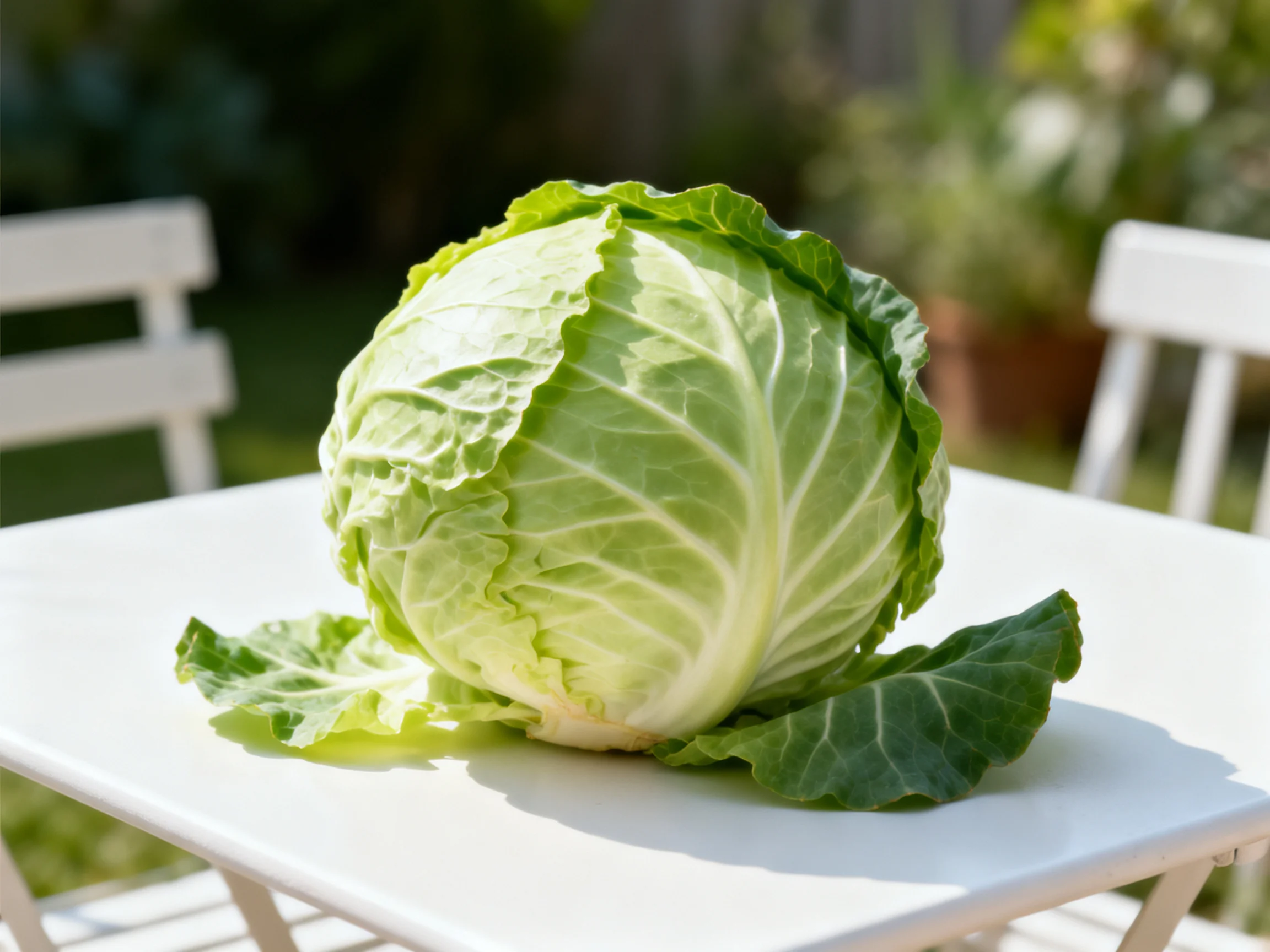 A large green cabbage rests on a white outdoor table