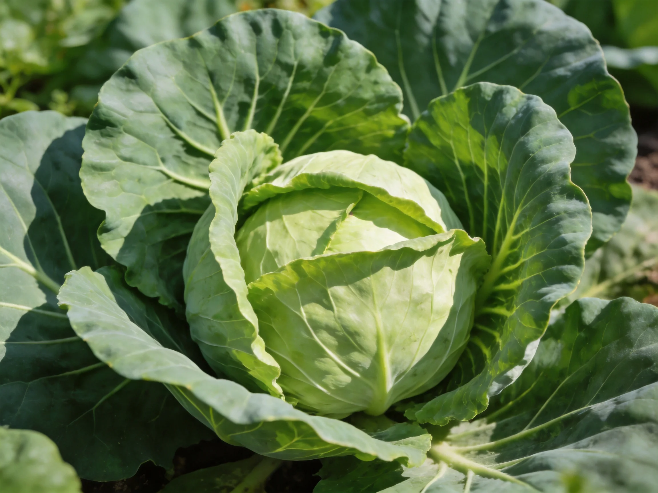 A large green cabbage surrounded by broad leafy greens in natural light