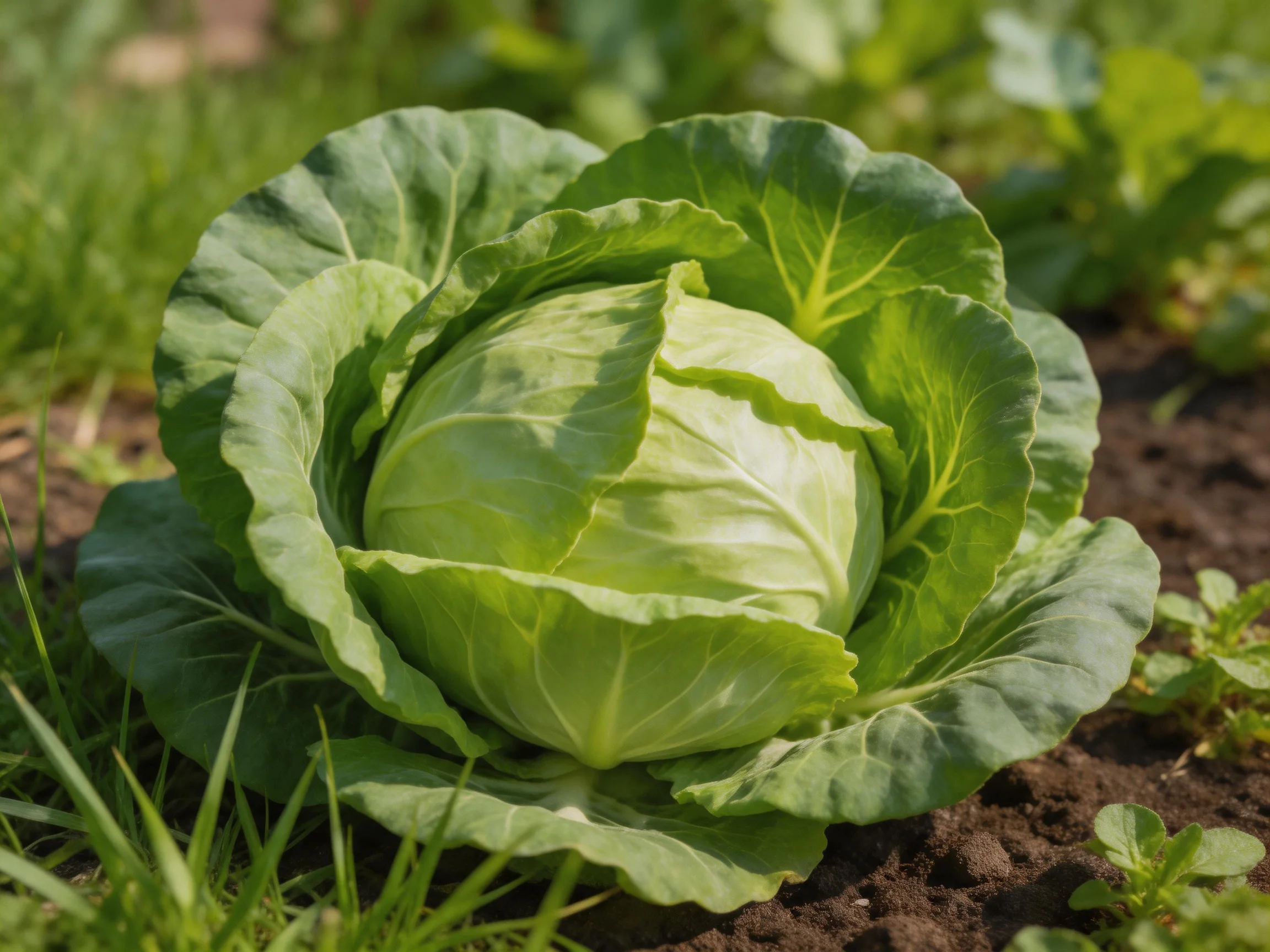 A large green cabbage surrounded by lushvegetation in dark soil