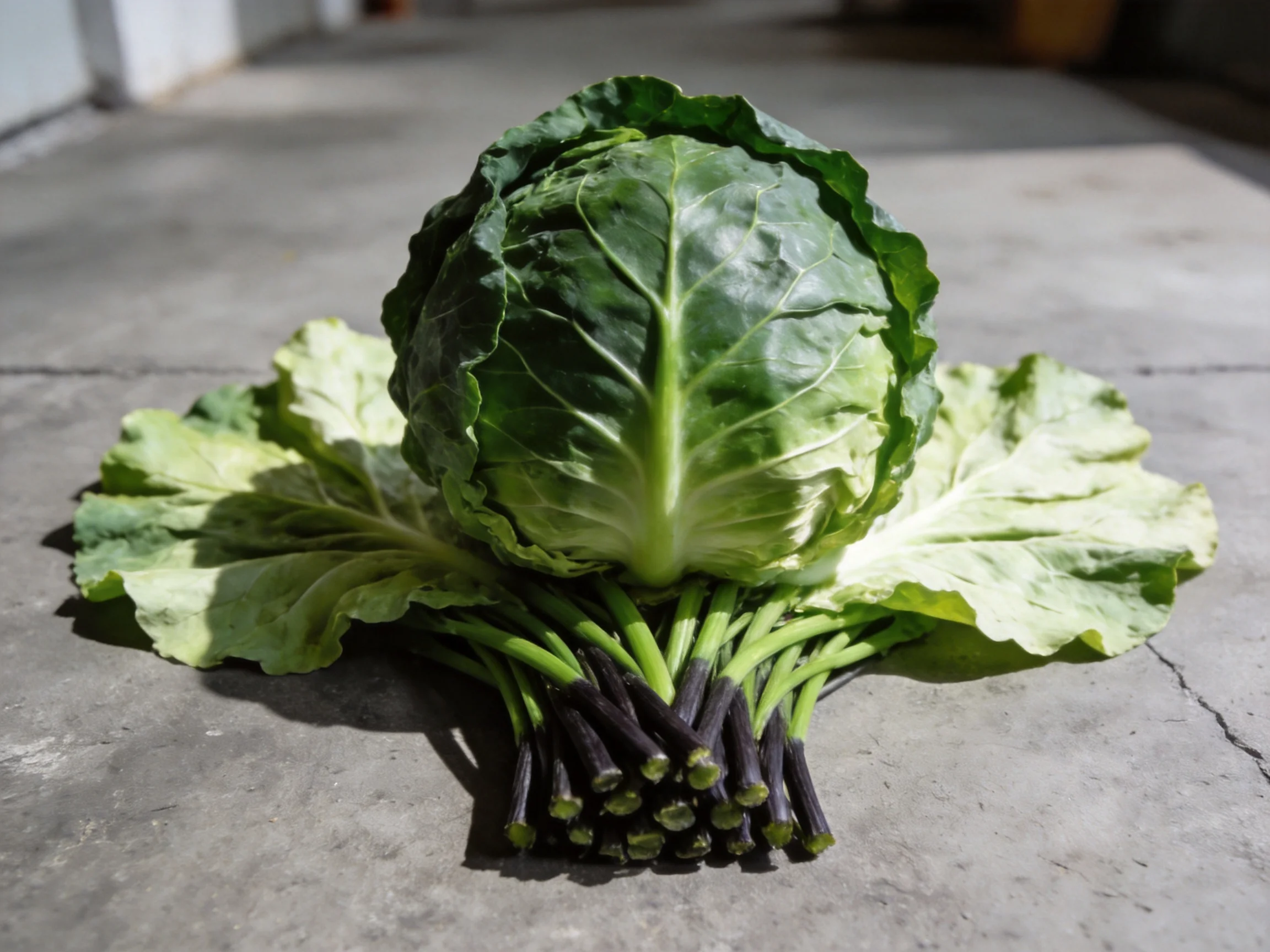A large green cabbage with broad leaves and dark-stemmed greens on a concrete surface