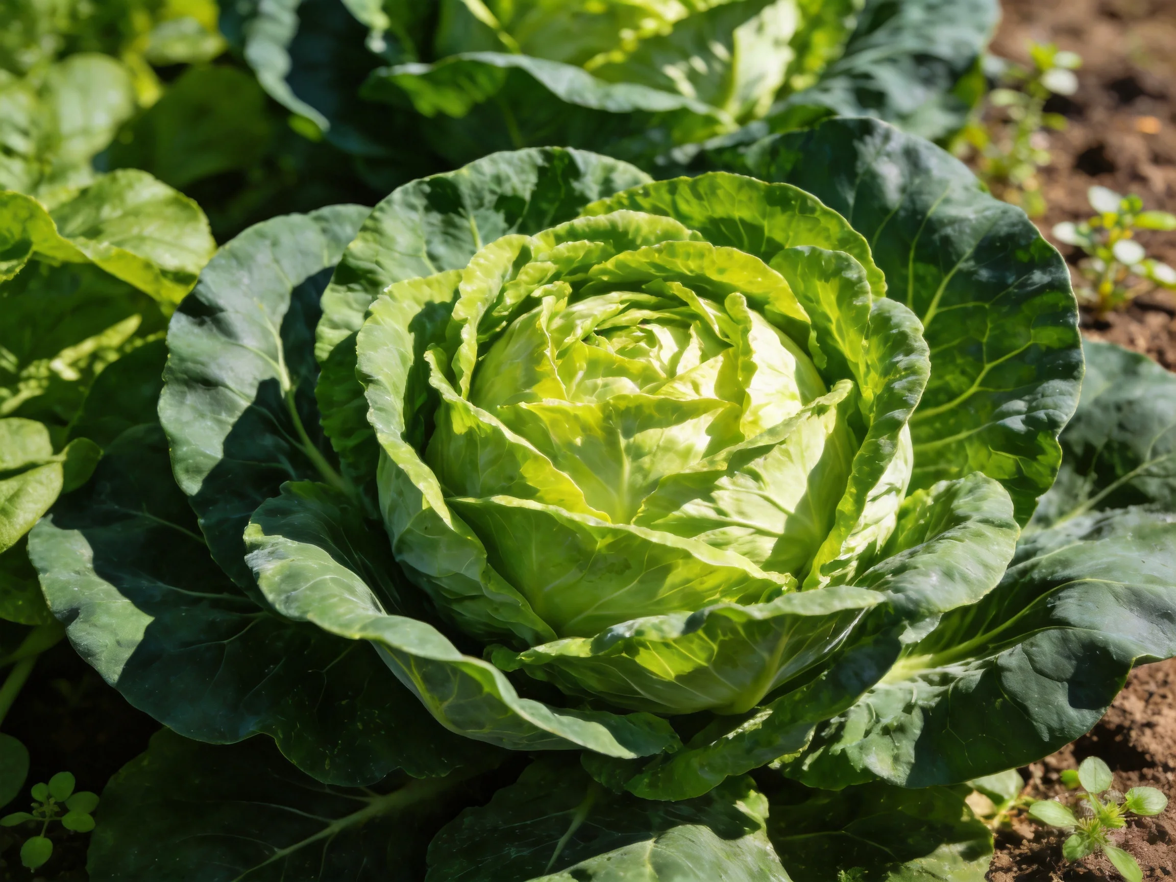 A large green cabbage with broad leaves growing in a sunlit garden bed